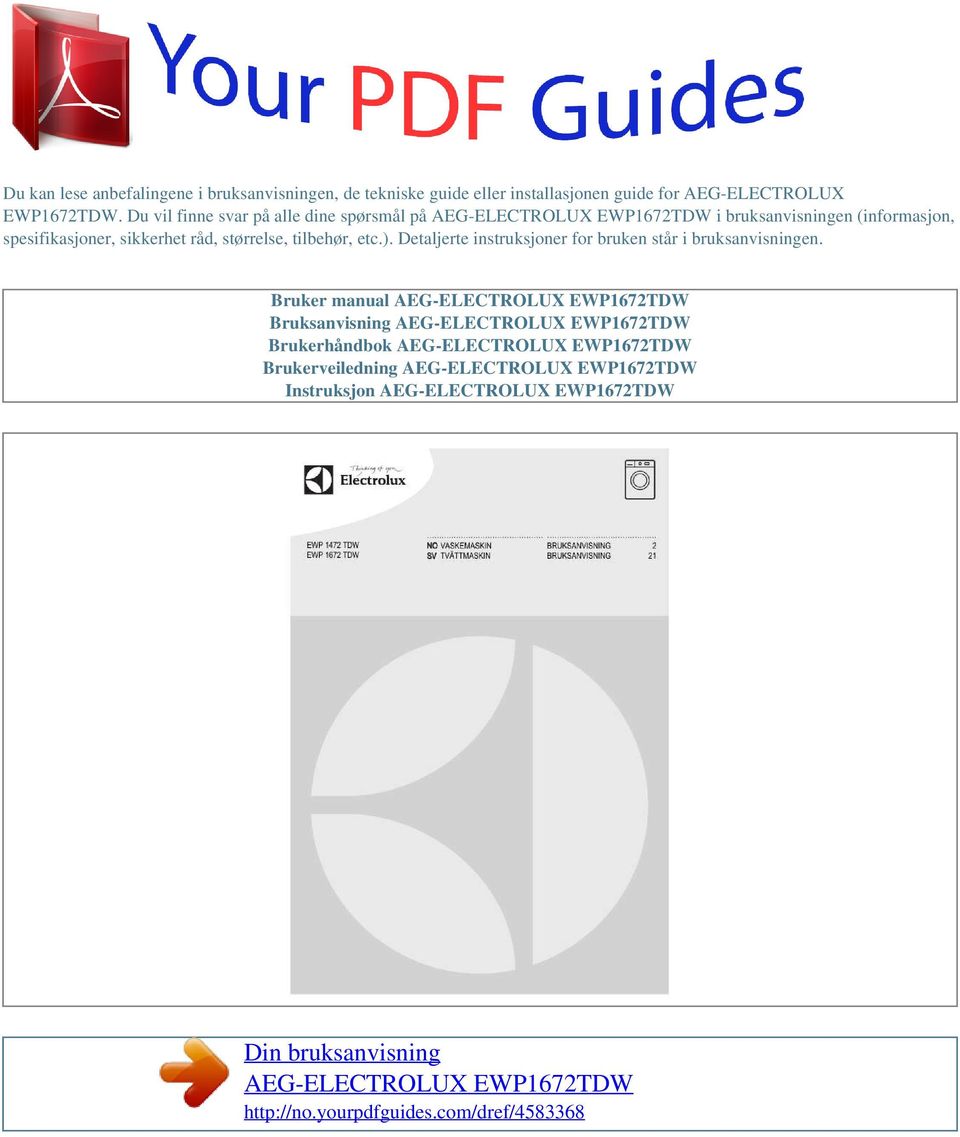 Din bruksanvisning AEG-ELECTROLUX EWP1672TDW - PDF Gratis nedladdning