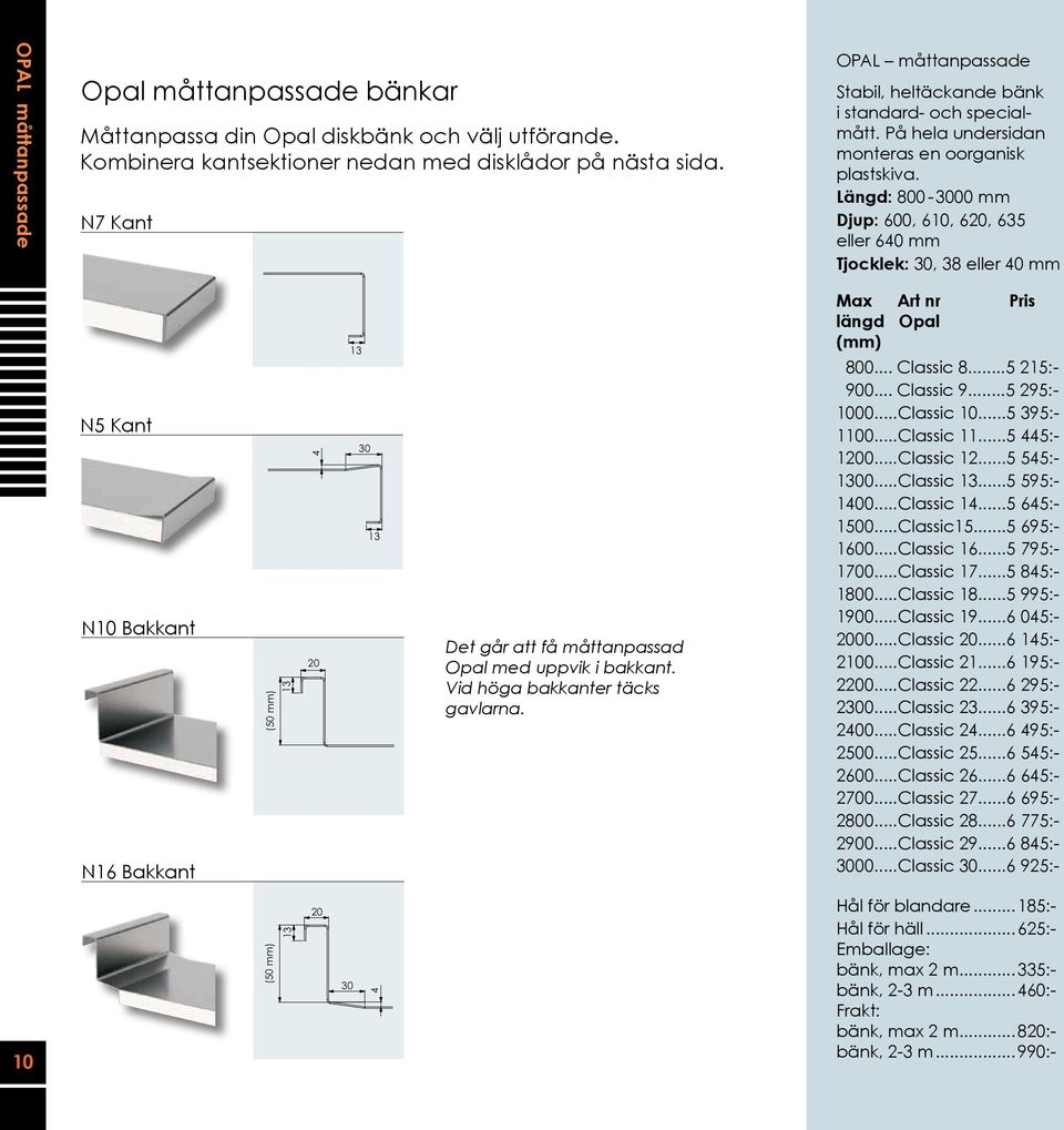 (-60 mm) OPAL måttanpassade Stabil, heltäckande bänk i standard- och specialmått. På hela undersidan monteras en oorganisk plastskiva.