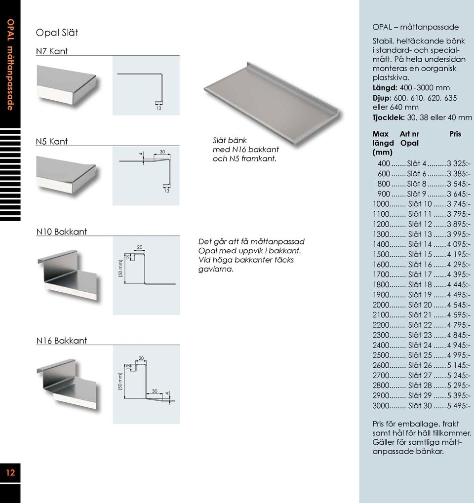 På hela undersidan monteras en oorganisk plastskiva. Längd: - 3000 mm Djup: 600, 610, 6, 635 eller 640 mm Tjocklek: 30, 38 eller 40 mm Max Art nr Pris längd Opal (mm)... Slät 4...3 325:- 600... Slät 6.