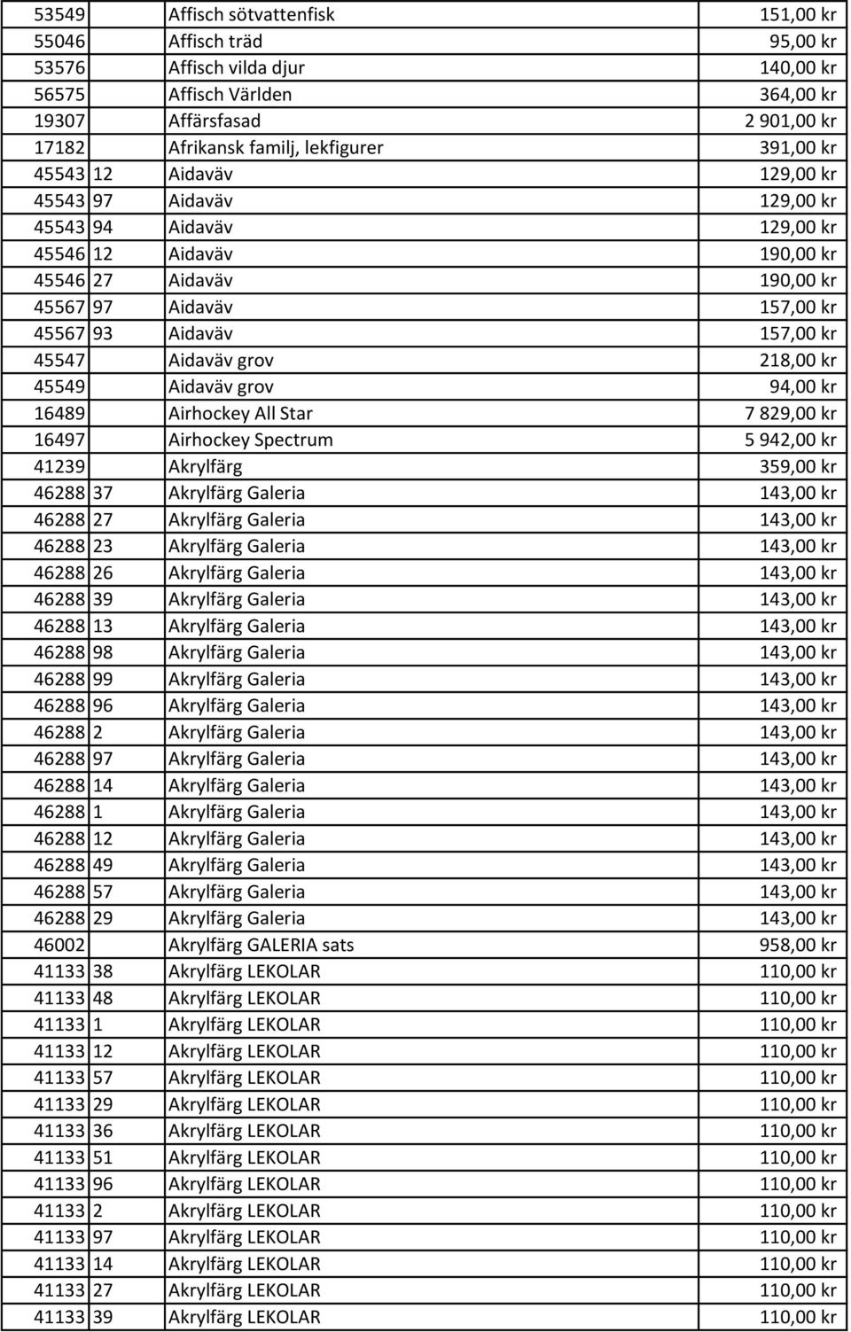 45547 Aidaväv grov 218,00 kr 45549 Aidaväv grov 94,00 kr 16489 Airhockey All Star 7 829,00 kr 16497 Airhockey Spectrum 5 942,00 kr 41239 Akrylfärg 359,00 kr 46288 37 Akrylfärg Galeria 143,00 kr 46288
