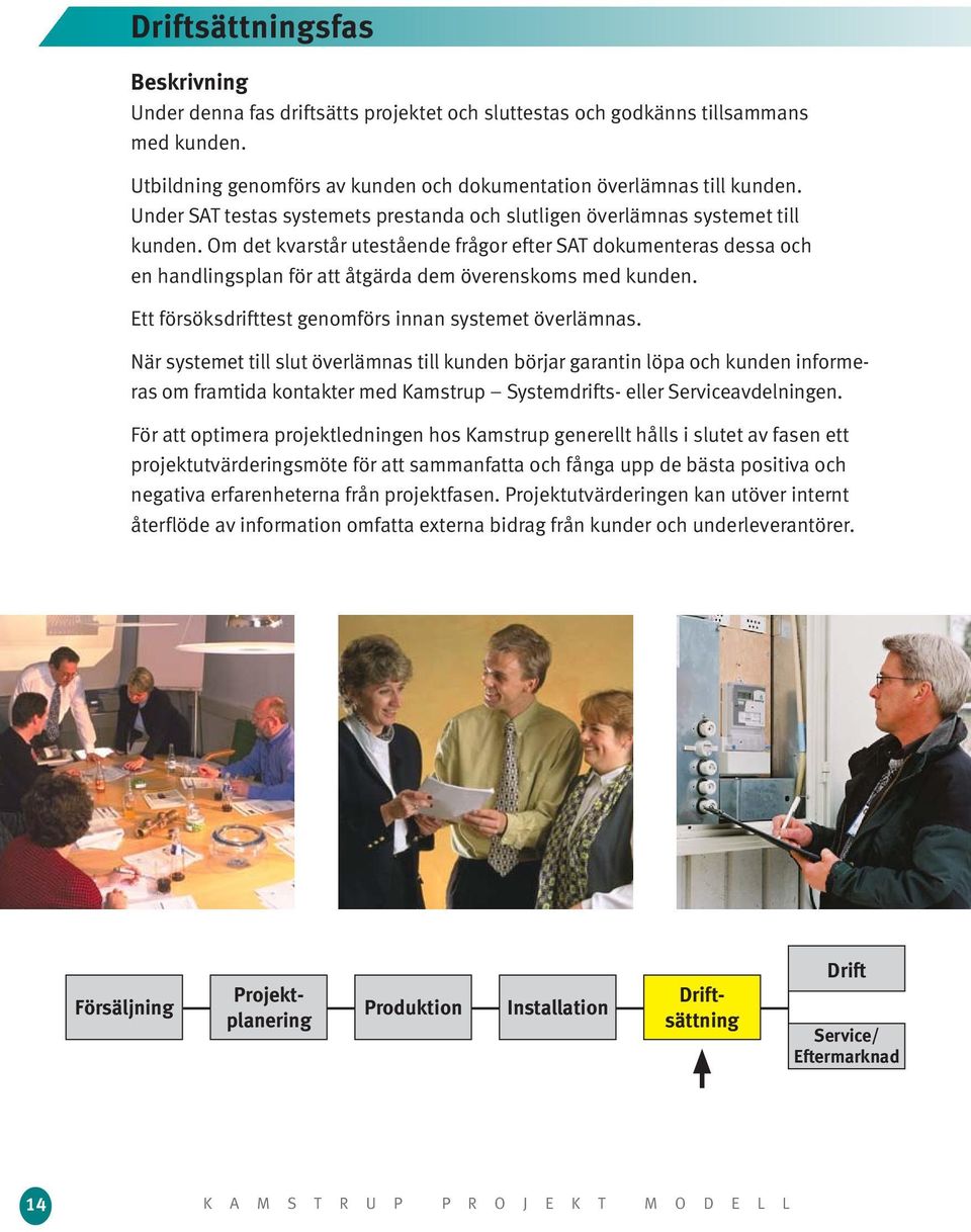 Om det kvarstår utestående frågor efter SAT dokumenteras dessa och en handlingsplan för att åtgärda dem överenskoms med kunden. Ett försöksdrifttest genomförs innan systemet överlämnas.