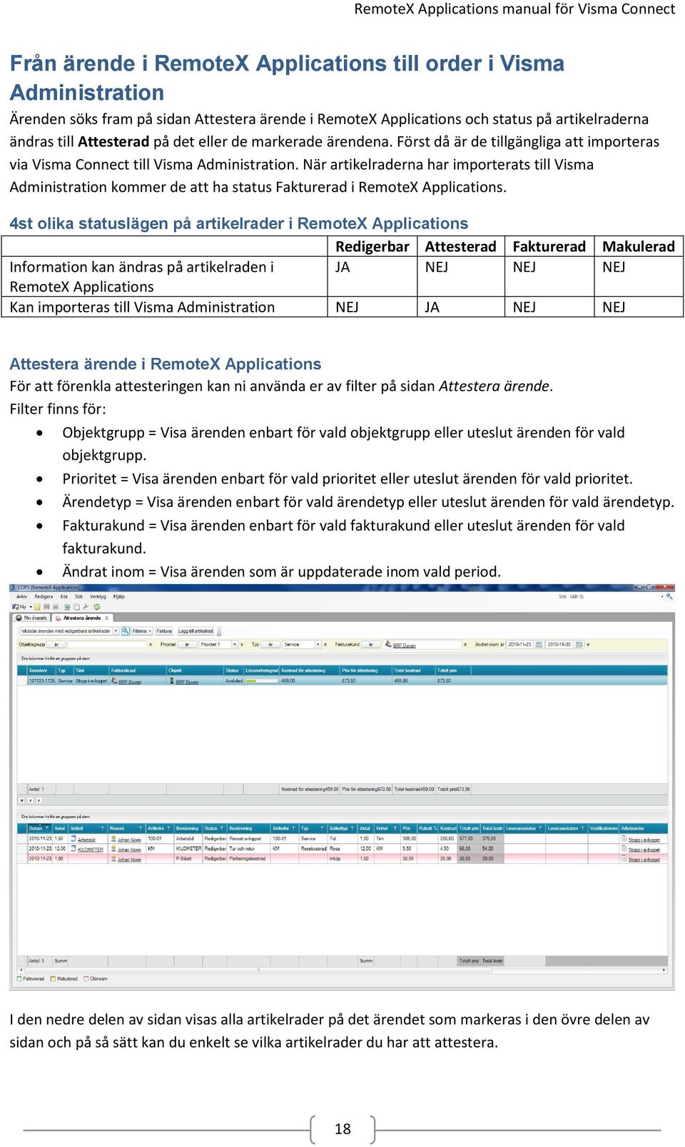 När artikelraderna har importerats till Visma Administration kommer de att ha status Fakturerad i RemoteX Applications.