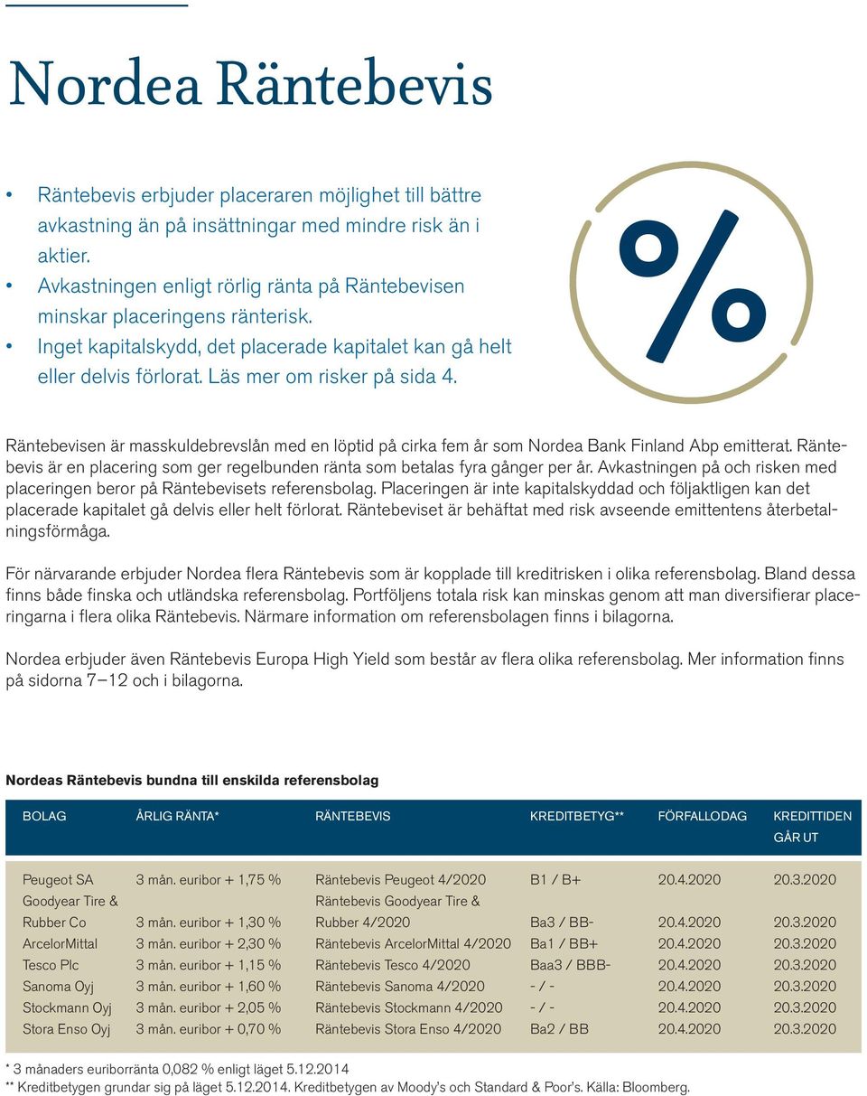 % Räntebevisen är masskuldebrevslån med en löptid på cirka fem år som Nordea Bank Finland Abp emitterat. Räntebevis är en placering som ger regelbunden ränta som betalas fyra gånger per år.