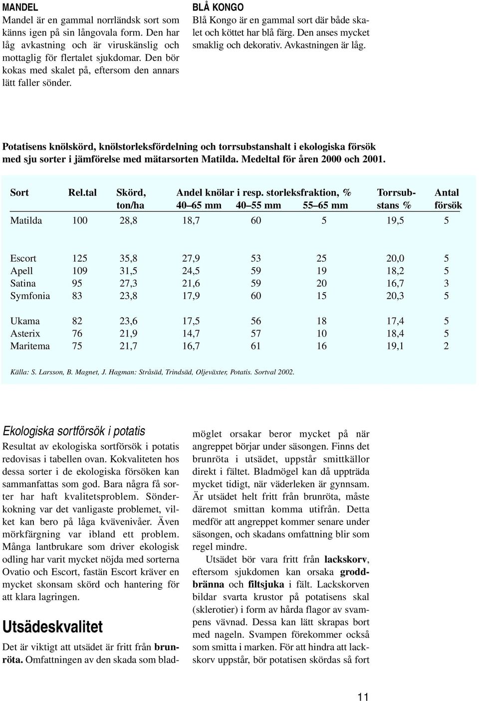 Avkastningen är låg. Potatisens knölskörd, knölstorleksfördelning och torrsubstanshalt i ekologiska försök med sju sorter i jämförelse med mätarsorten Matilda. Medeltal för åren 2000 och 2001.