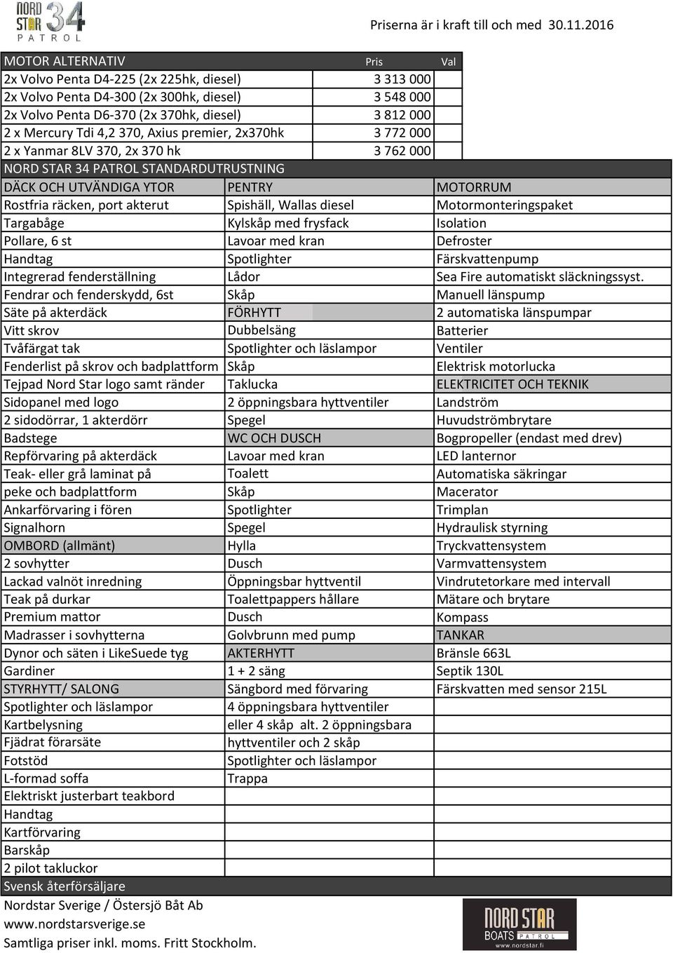 4,2370, Axius premier, 2x370hk 3772000 2 x Yanmar 8LV 370, 2x 370 hk 3762000 NORD STAR 34 PATROL STANDARDUTRUSTNING DÄCK OCH UTVÄNDIGA YTOR PENTRY MOTORRUM Rostfria räcken, port akterut Spishäll,