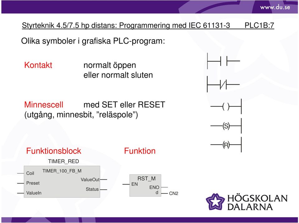 PLC-program: Kontakt normalt öppen eller normalt sluten Minnescell med SET eller