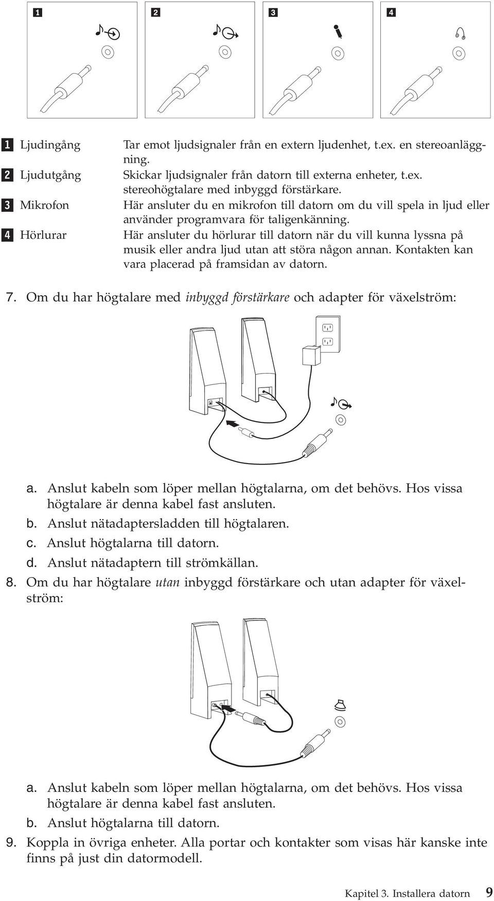 4 Hörlurar Här ansluter du hörlurar till datorn när du vill kunna lyssna på musik eller andra ljud utan att störa någon annan. Kontakten kan vara placerad på framsidan av datorn. 7.