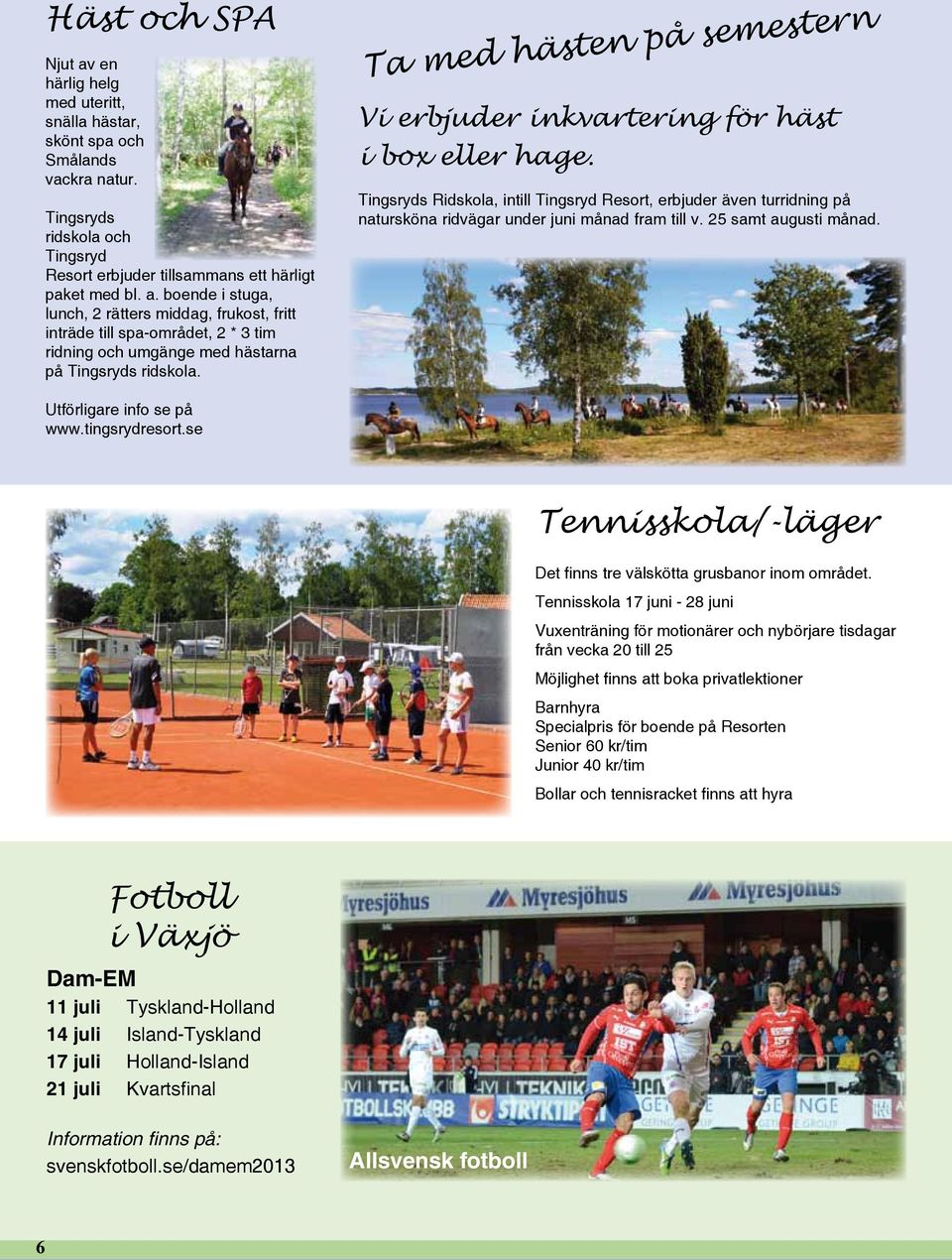25 samt augusti månad. Utförligare info se på www.tingsrydresort.se Tennisskola/-läger Det finns tre välskötta grusbanor inom området.