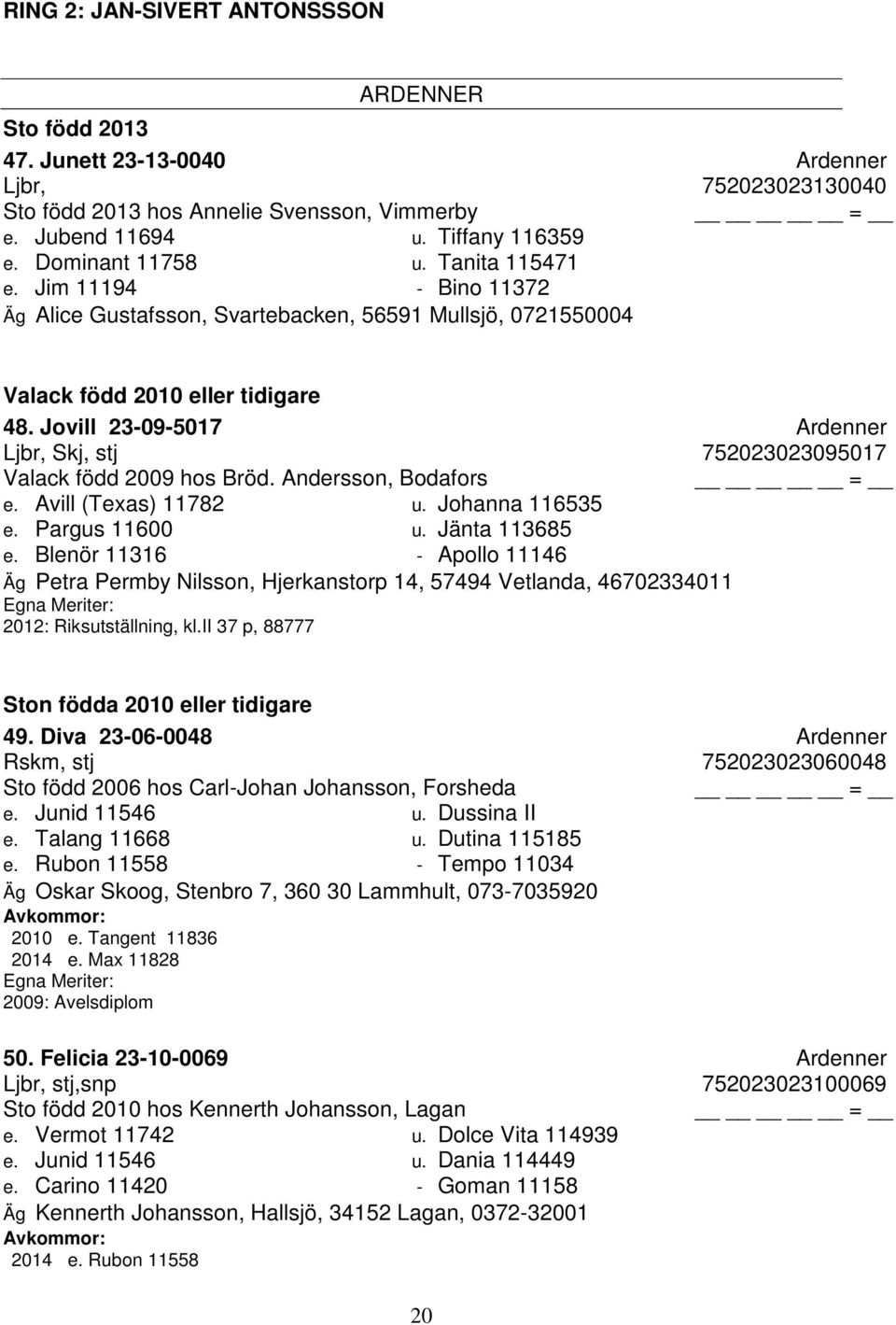 Jovill 23-09-5017 Ardenner Ljbr, Skj, stj 752023023095017 Valack född 2009 hos Bröd. Andersson, Bodafors e. Avill (Texas) 11782 u. Johanna 116535 e. Pargus 11600 u. Jänta 113685 e.