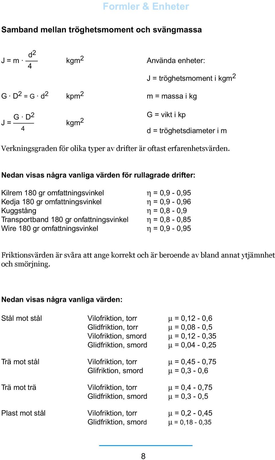 Nedan visas några vanliga värden för rullagrade drifter: Kilrem 180 gr omfattningsvinkel η = 0,9-0,95 Kedja 180 gr omfattningsvinkel η = 0,9-0,96 Kuggstång η = 0,8-0,9 Transportband 180 gr