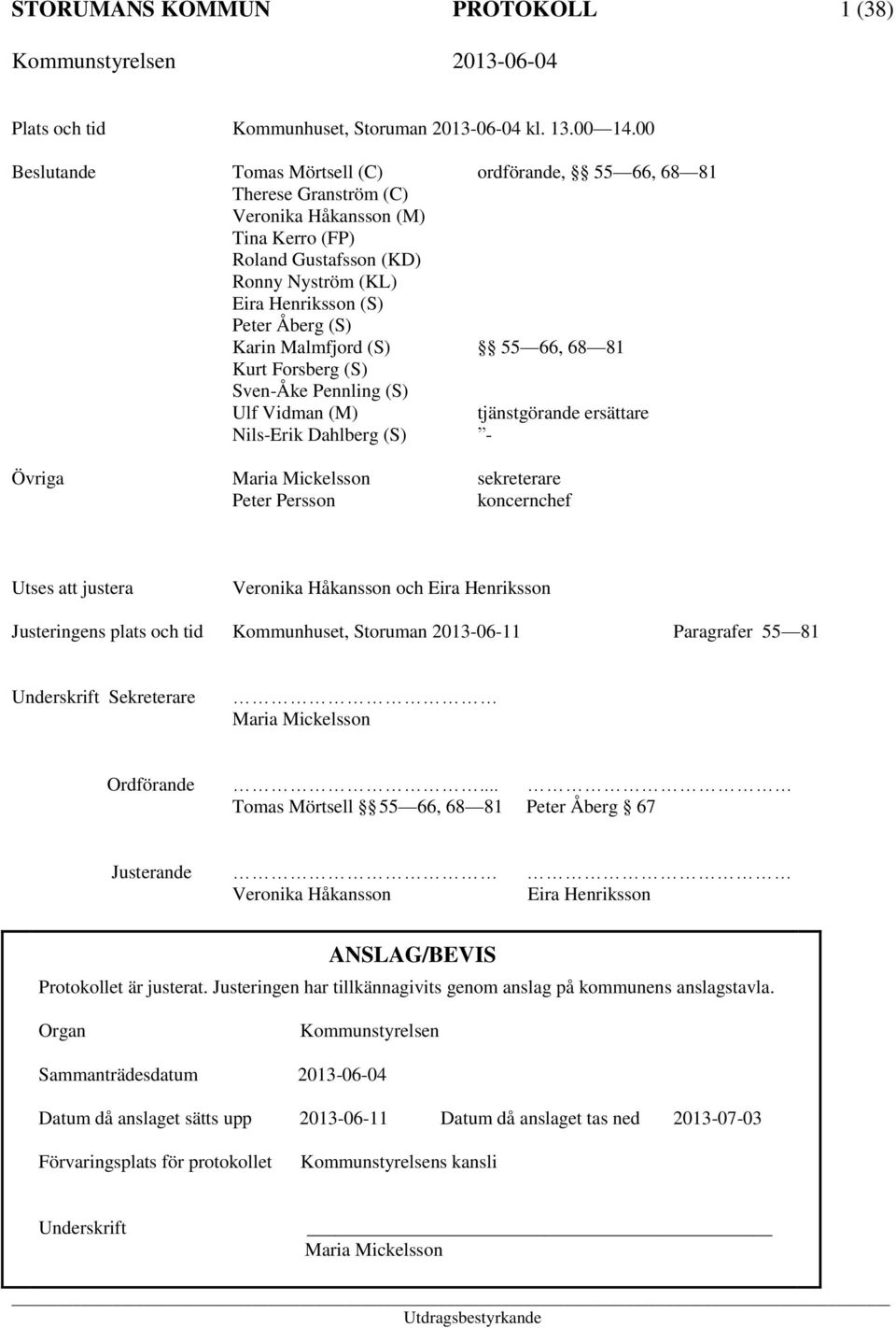 Karin Malmfjord (S) 55 66, 68 81 Kurt Forsberg (S) Sven-Åke Pennling (S) Ulf Vidman (M) tjänstgörande ersättare Nils-Erik Dahlberg (S) - Övriga Maria Mickelsson sekreterare Peter Persson koncernchef