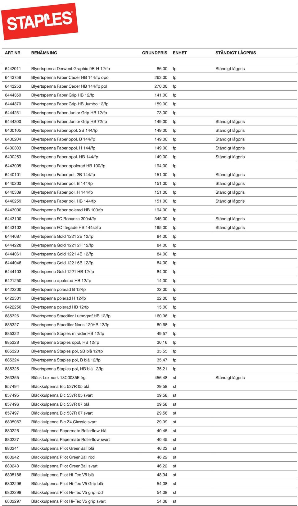 72/fp 149,00 fp Ständigt lågpris 6400105 Blyertspenna Faber opol. 2B 144/fp 149,00 fp Ständigt lågpris 6400204 Blyertspenna Faber opol.