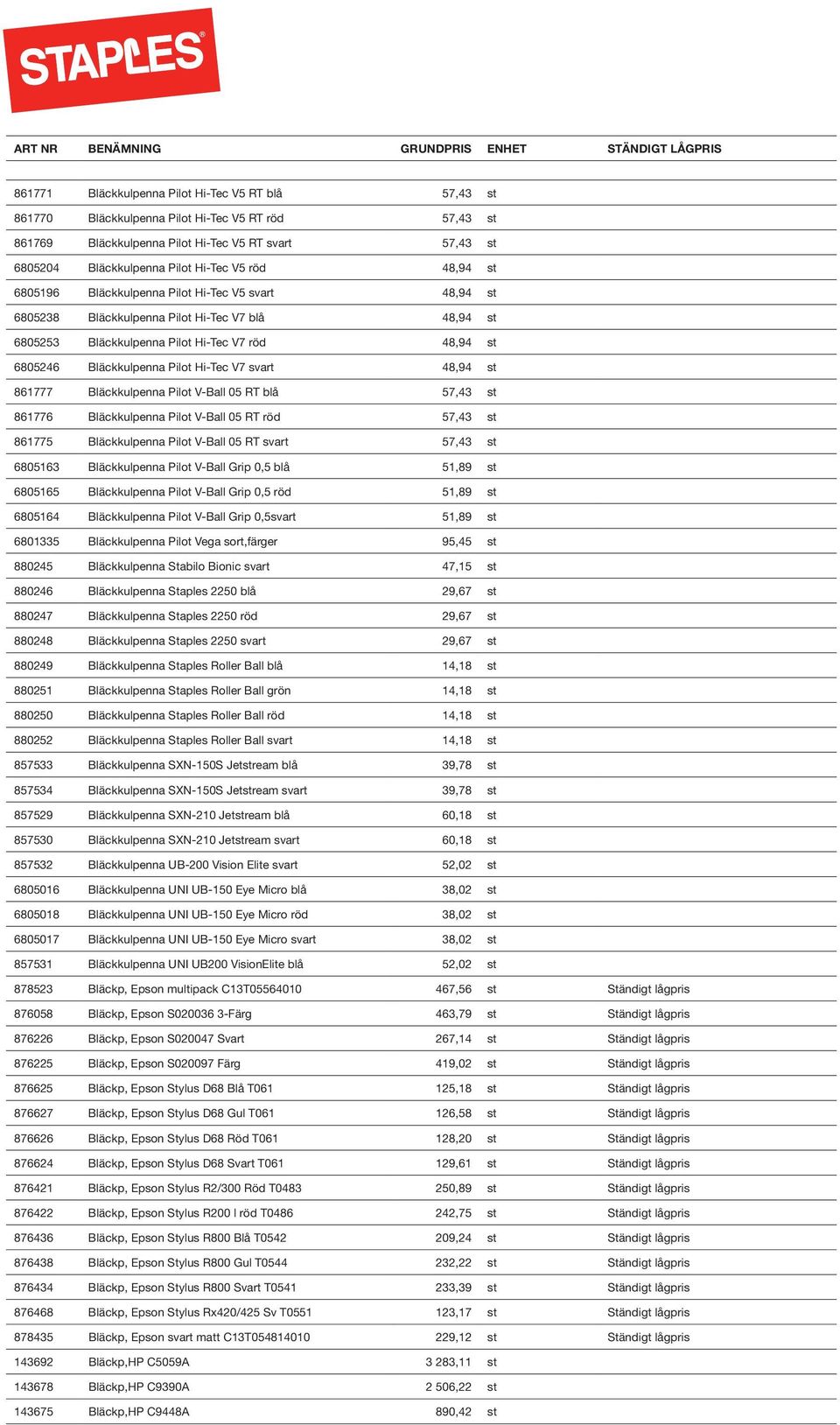 Hi-Tec V7 svart 48,94 st 861777 Bläckkulpenna Pilot V-Ball 05 RT blå 57,43 st 861776 Bläckkulpenna Pilot V-Ball 05 RT röd 57,43 st 861775 Bläckkulpenna Pilot V-Ball 05 RT svart 57,43 st 6805163
