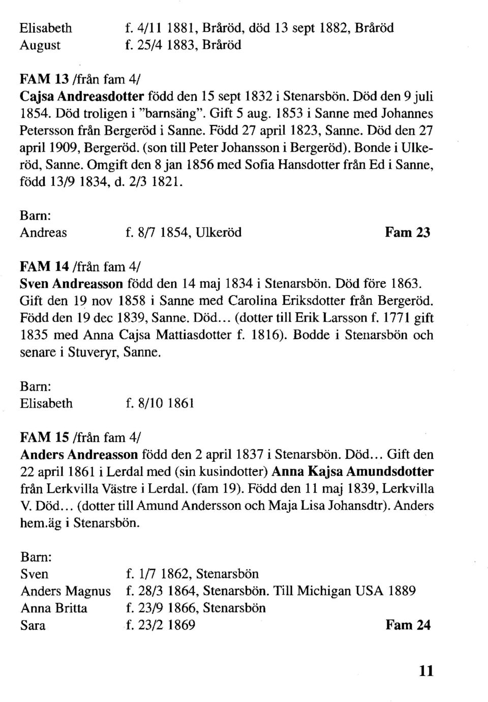 Bonde i Ulkeröd, Sanne. Omgift den 8 jan 1856 med Sofia Hansdotter från Ed i Sanne, född 13/9 1834, d. 2/3 1821. Andreas f.