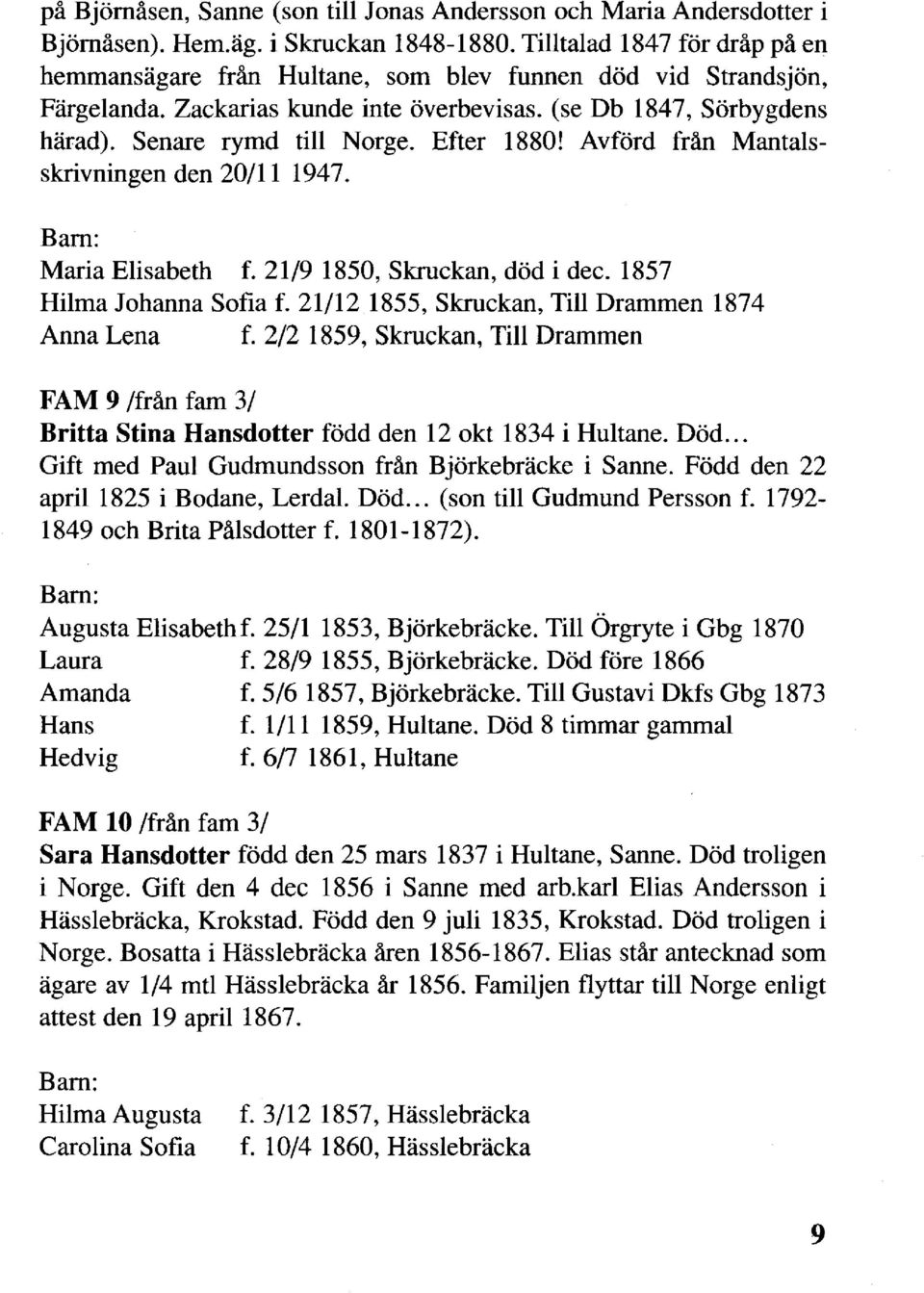 Efter 1880! Avförd från Mantalsskrivningen den 20/11 1947. Maria Elisabeth f. 21/9 1850, Skrockan, död i dec. 1857 Hilma Johanna Sofia f. 21/12 1855, Skrockan, Till Drammen 1874 Anna Lena f.