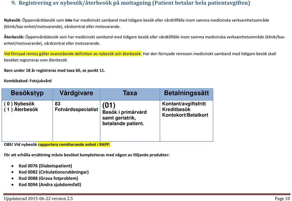 Återbesök: Öppenvårdsbesök som har medicinskt samband med tidigare besök eller vårdtillfälle inom samma medicinska verksamhetsområde (klinik/basenhet/motsvarande), vårdcentral eller motsvarande.