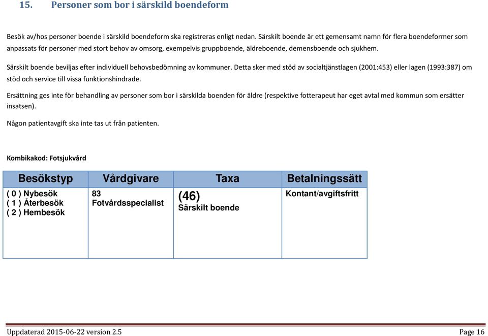 Särskilt boende beviljas efter individuell behovsbedömning av kommuner. Detta sker med stöd av socialtjänstlagen (2001:453) eller lagen (1993:387) om stöd och service till vissa funktionshindrade.