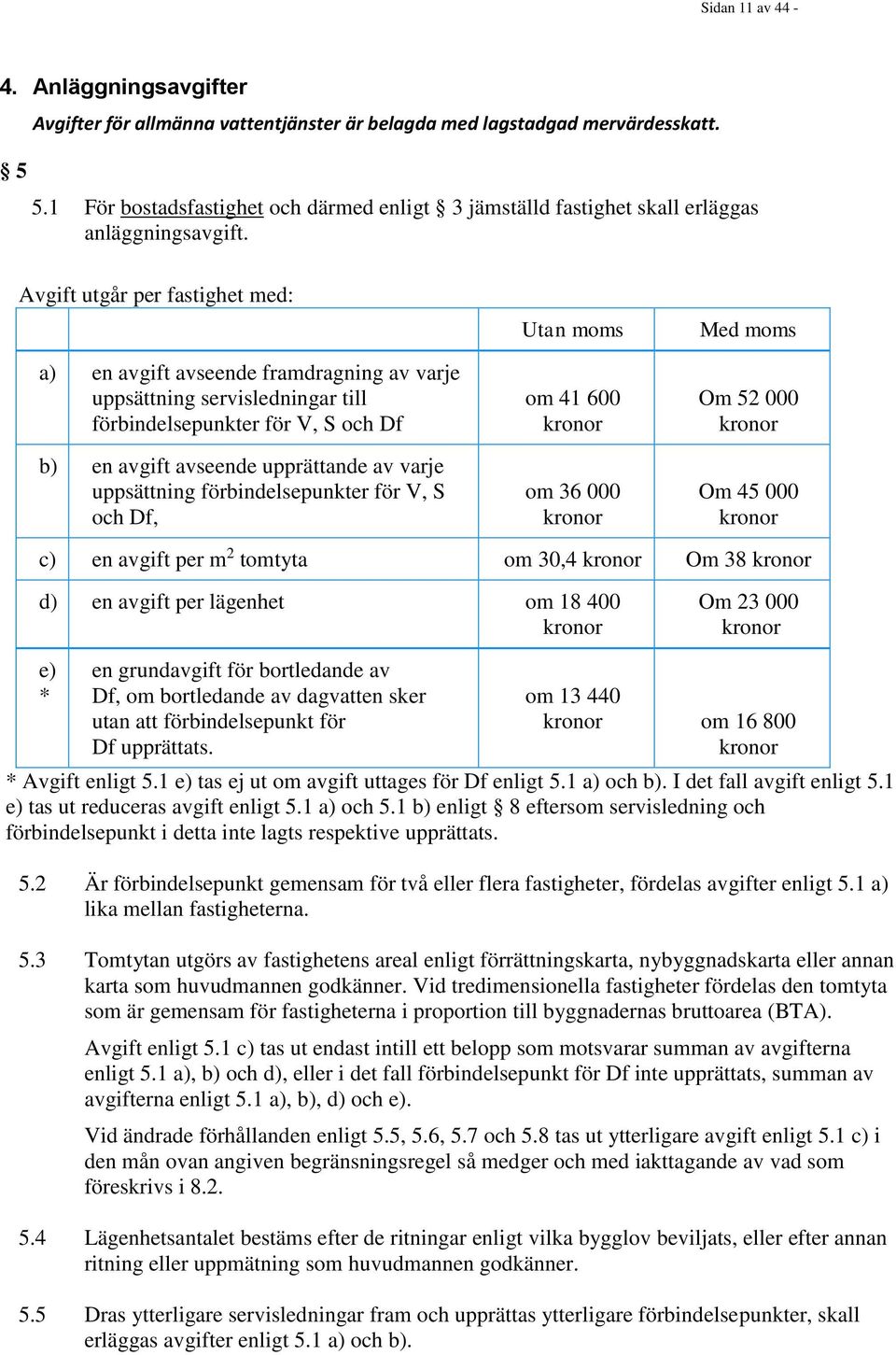 förbindelsepunkter för V, S och Df, Utan moms om 41 600 kronor om 36 000 kronor Med moms Om 52 000 kronor Om 45 000 kronor c) en avgift per m 2 tomtyta om 30,4 kronor Om 38 kronor d) en avgift per
