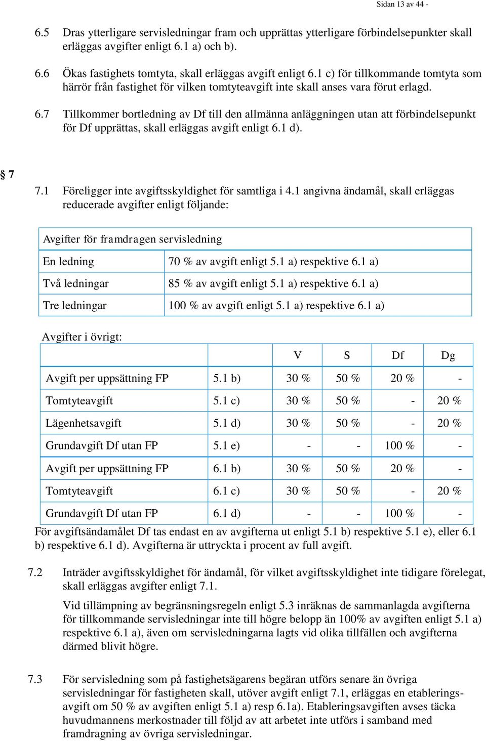 7 Tillkommer bortledning av Df till den allmänna anläggningen utan att förbindelsepunkt för Df upprättas, skall erläggas avgift enligt 6.1 d). 7 7.1 Föreligger inte avgiftsskyldighet för samtliga i 4.