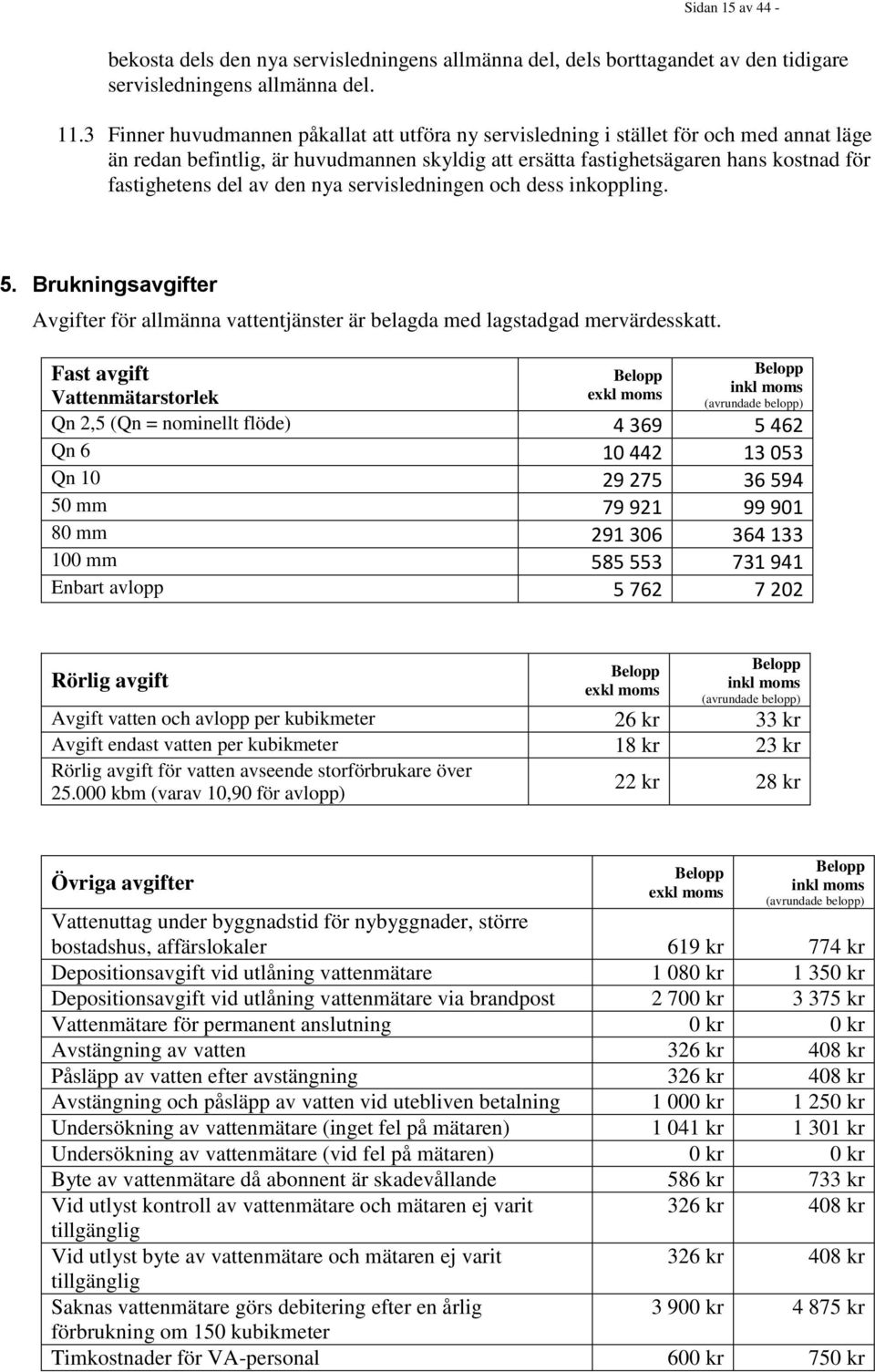 den nya servisledningen och dess inkoppling. 5. Brukningsavgifter Avgifter för allmänna vattentjänster är belagda med lagstadgad mervärdesskatt.