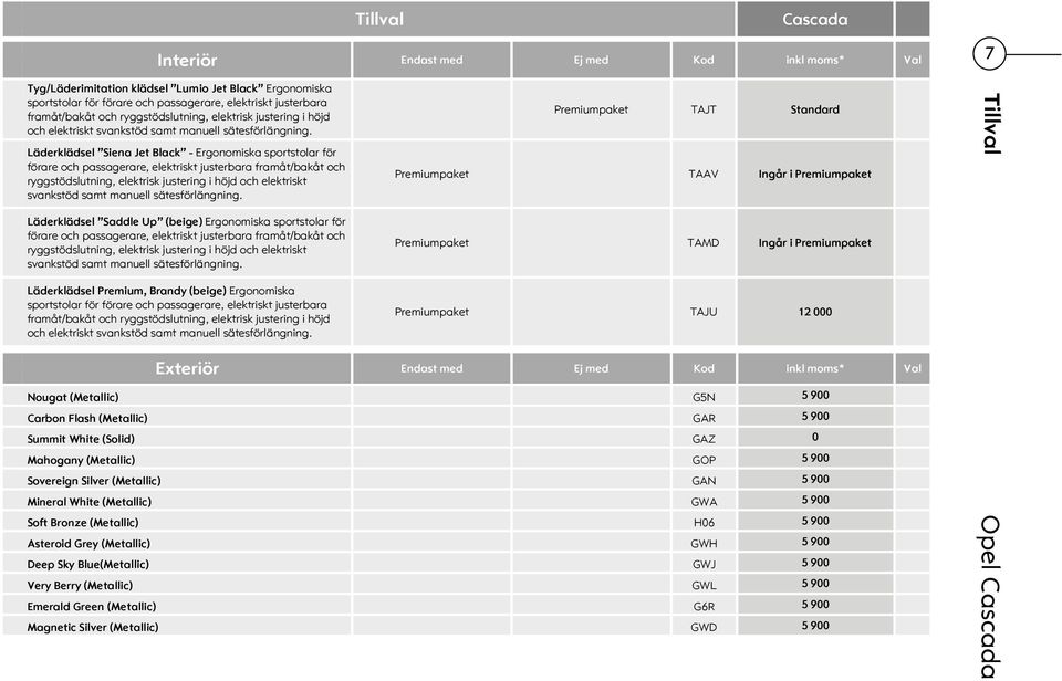 Läderklädsel Siena Jet Black - Ergonomiska sportstolar för förare och passagerare, elektriskt justerbara framåt/bakåt och  Premiumpaket TAJT Standard Premiumpaket TAAV Ingår i Premiumpaket Tillval