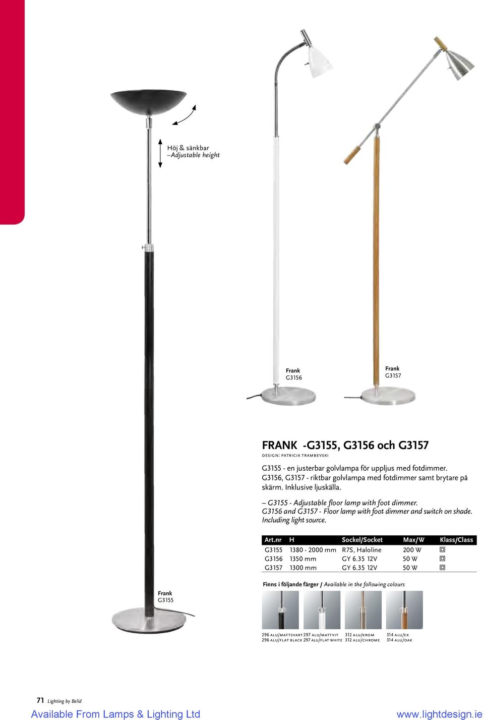 G3156 and G3157 - Floor lamp with foot dimmer and switch on shade. Including light source. G3155 1380-2000 mm R7S, Haloline 200 W G3156 1350 mm GY 6.