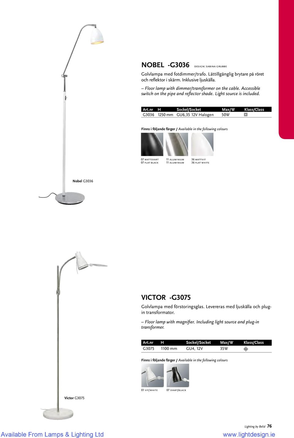 G3036 1250 mm GU6,35 12V Halogen 50W 07 mattsvart 11 aluminium 36 mattvit 07 flat black 11 aluminium 36 flat white Nobel G3036 VICTOR -G3075 Golvlampa med