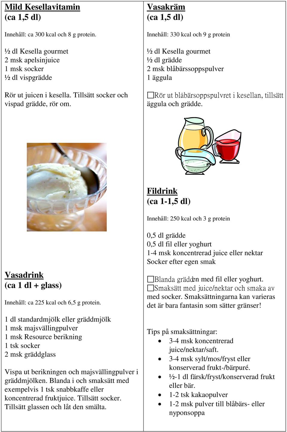 Fildrink (ca 1-1,5 dl) Innehåll: 250 kcal och 3 g protein Vasadrink (ca 1 dl + glass) Innehåll: ca 225 kcal och 6,5 g protein.