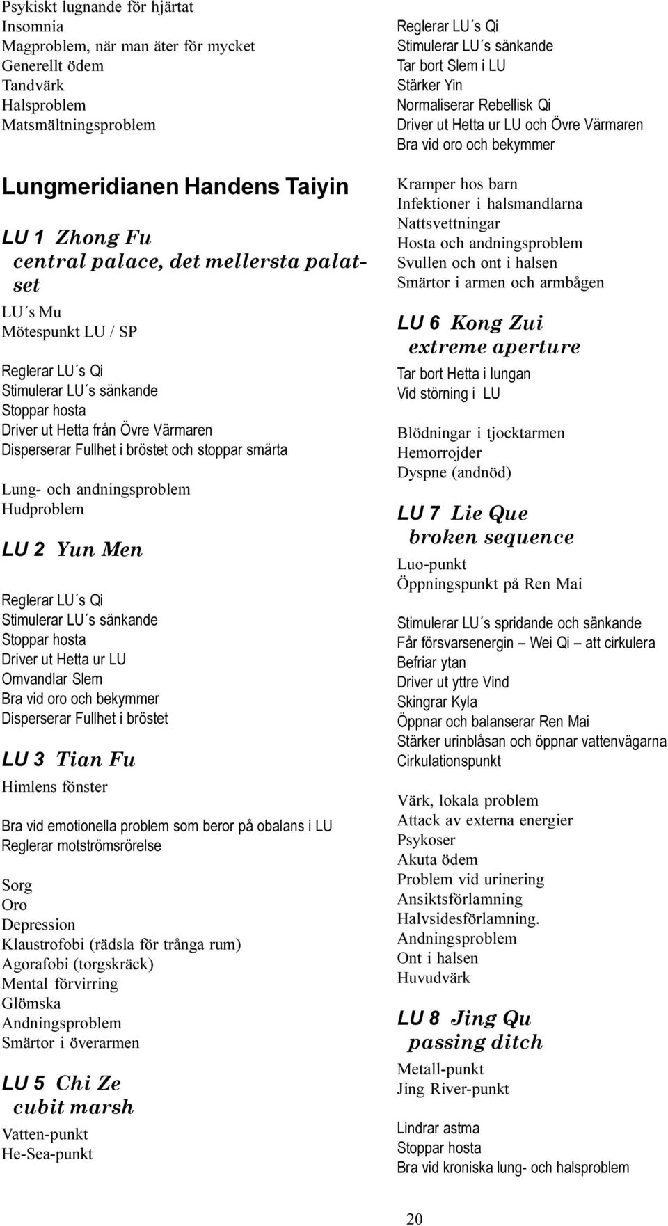 Hudproblem LU 2 Yun Men Reglerar LU s Qi Stimulerar LU s sänkande Stoppar hosta ur LU Omvandlar Slem Bra vid oro och bekymmer Disperserar Fullhet i bröstet LU 3 Tian Fu Himlens fönster Bra vid