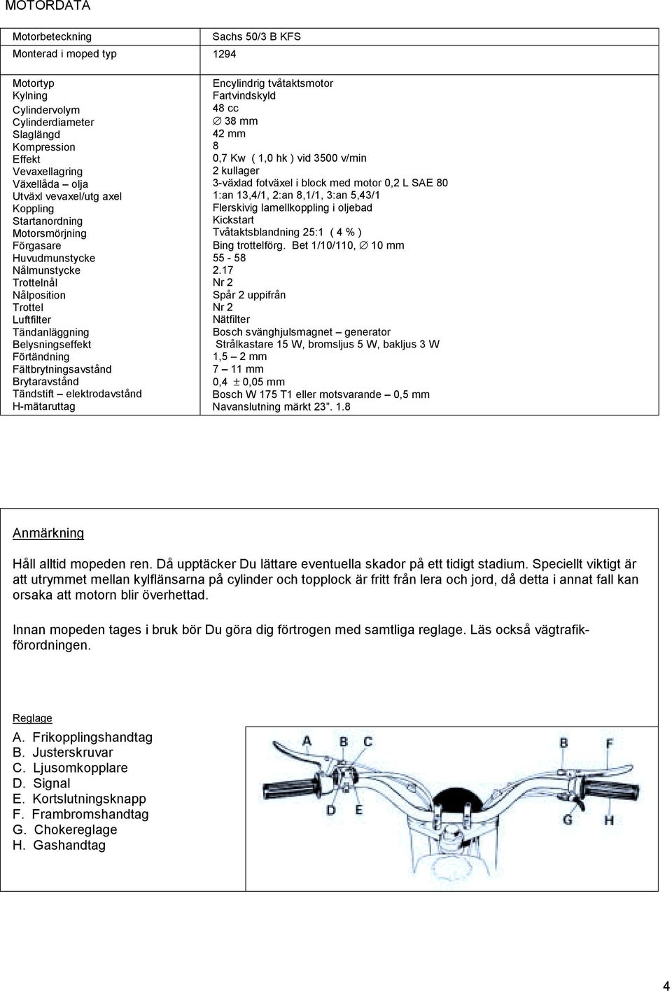 Tändstift elektrodavstånd H-mätaruttag Encylindrig tvåtaktsmotor Fartvindskyld 48 cc 38 mm 42 mm 8 0,7 Kw ( 1,0 hk ) vid 3500 v/min 2 kullager 3-växlad fotväxel i block med motor 0,2 L SAE 80 1:an