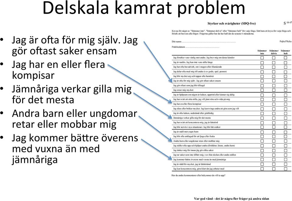 Kryssa för något av " inte", " delvis" eller " helt" för varje fråga. Sätt bara ett kryss för varje fråga och försök att besvara alla frågor.