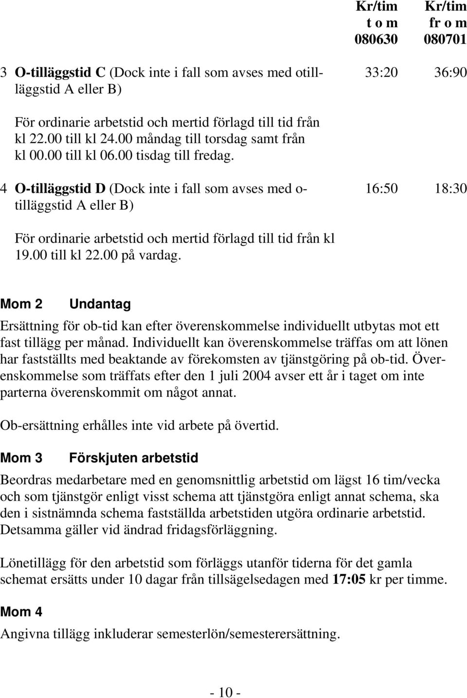 4 O-tilläggstid D (Dock inte i fall som avses med o- tilläggstid A eller B) 16:50 18:30 För ordinarie arbetstid och mertid förlagd till tid från kl 19.00 till kl 22.00 på vardag.