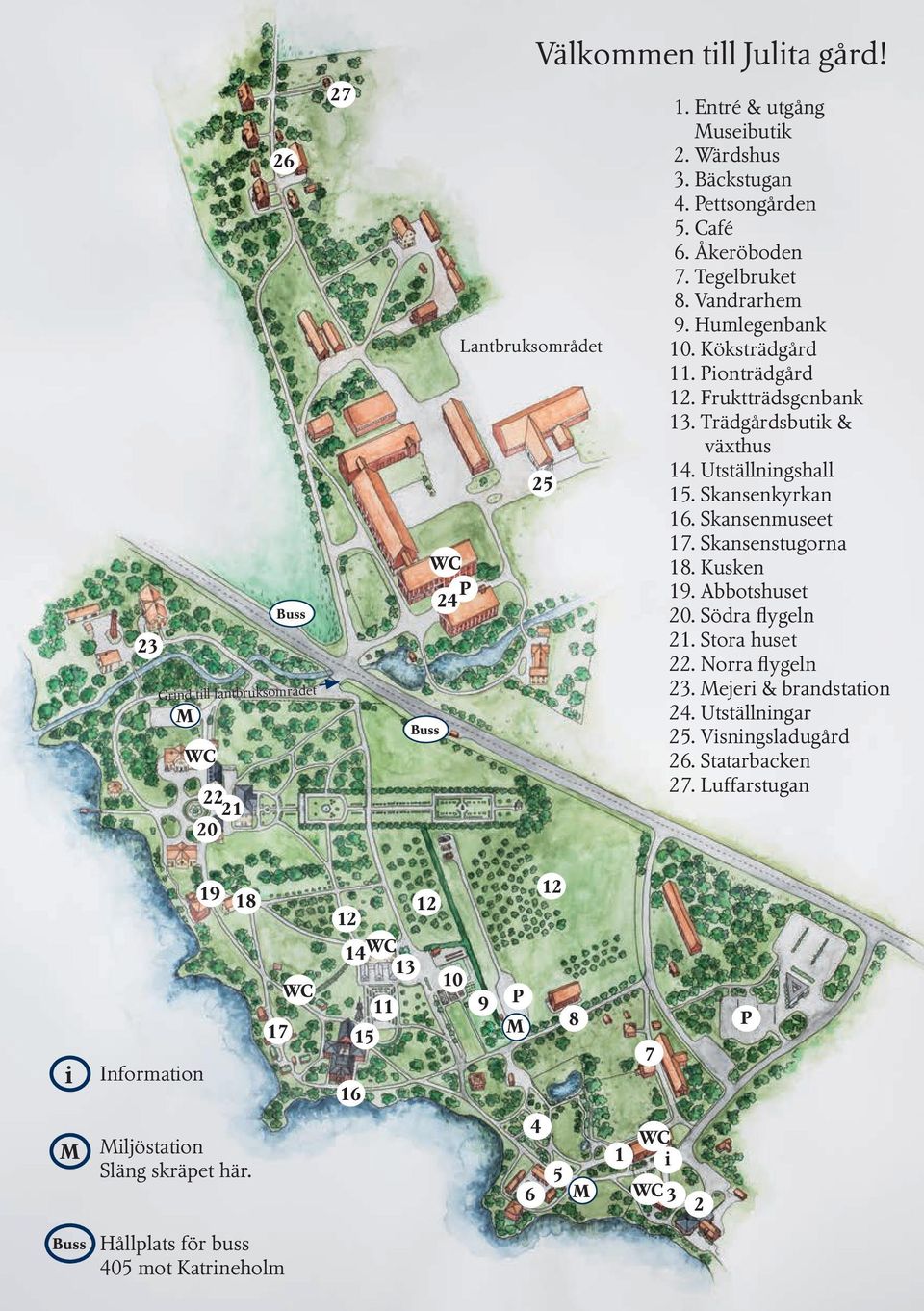 Skansenmuseet 17. Skansenstugorna 18. Kusken 19. Abbotshuset 20. Södra flygeln 21. Stora huset 22. Norra flygeln 23. Mejeri & brandstation 24. Utställningar 25. Visningsladugård 26.