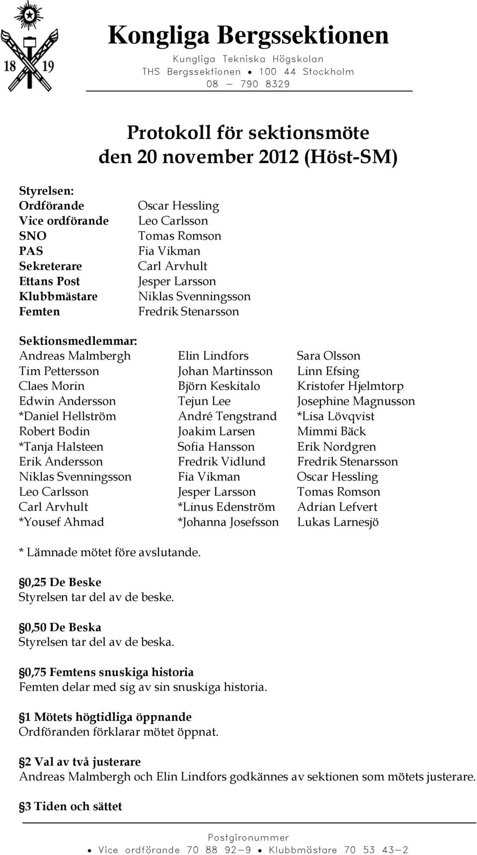 Keskitalo Kristofer Hjelmtorp Edwin Andersson Tejun Lee Josephine Magnusson *Daniel Hellström André Tengstrand *Lisa Lövqvist Robert Bodin Joakim Larsen Mimmi Bäck *Tanja Halsteen Sofia Hansson Erik