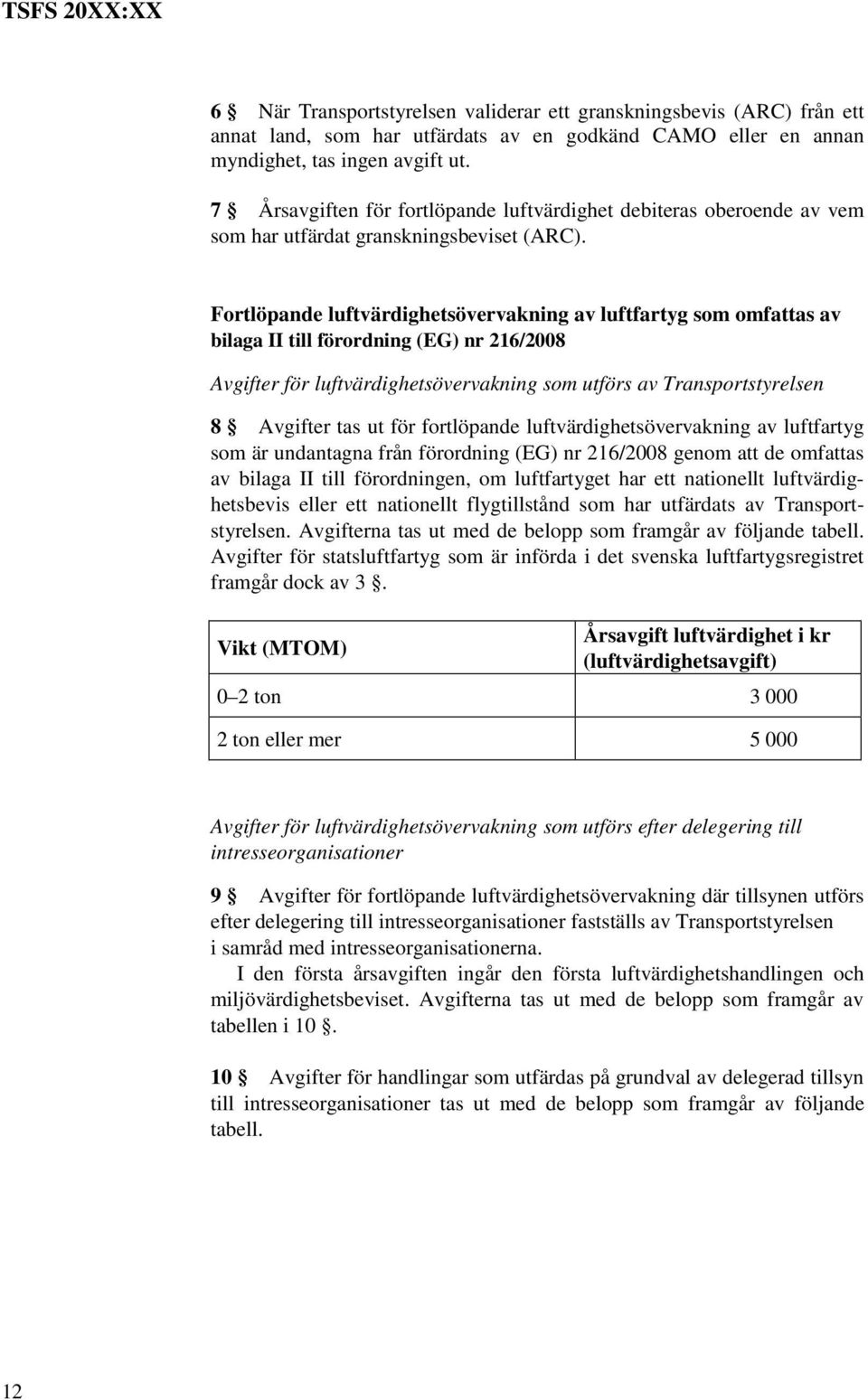 Fortlöpande luftvärdighetsövervakning av luftfartyg som omfattas av bilaga II till förordning (EG) nr 216/2008 Avgifter för luftvärdighetsövervakning som utförs av Transportstyrelsen 8 Avgifter tas