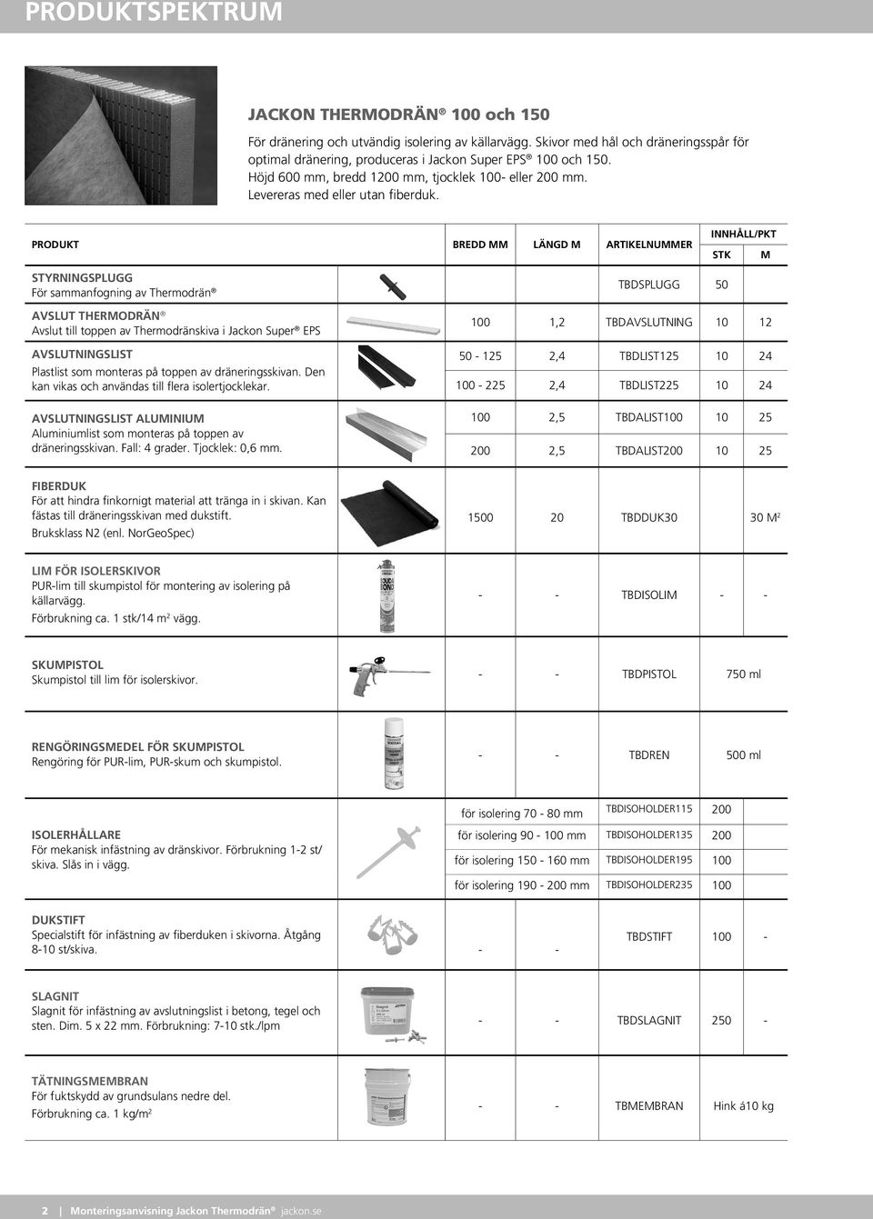 PRODUKT BREDD MM LÄNGD M ARTIKELNUMMER INNHÅLL/PKT STK M STYRNINGSPLUGG För sammanfogning av Thermodrän TBDSPLUGG 50 AVSLUT THERMODRÄN Avslut till toppen av Thermodränskiva i Jackon Super EPS