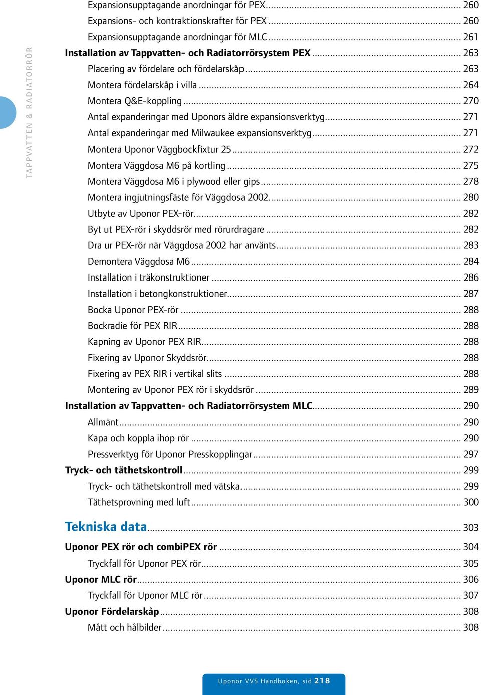 .. 271 Antal expanderingar med Milwaukee expansionsverktyg... 271 Montera Uponor Väggbockfixtur 25... 272 Montera Väggdosa M6 på kortling... 275 Montera Väggdosa M6 i plywood eller gips.