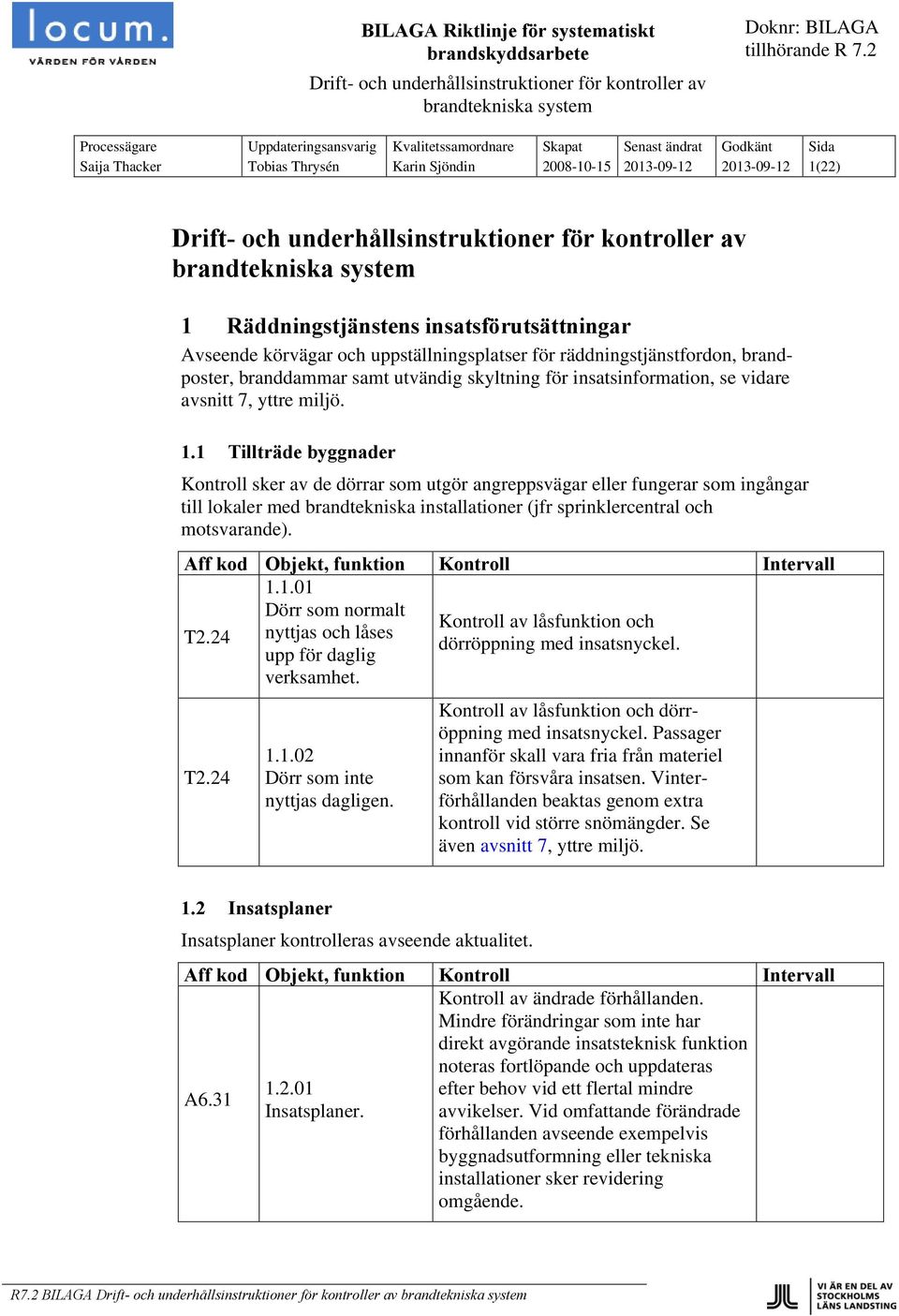 1 Tillträde byggnader Kontroll sker av de dörrar som utgör angreppsvägar eller fungerar som ingångar till lokaler med brandtekniska installationer (jfr sprinklercentral och motsvarande). 1.1.01 T2.