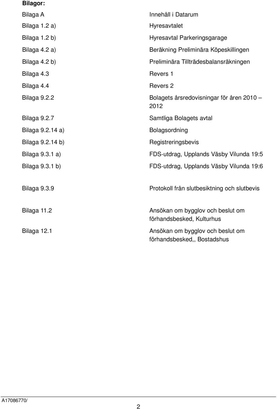 4 Revers 2 Bilaga 9.2.2 Bolagets årsredovisningar för åren 2010 2012 Bilaga 9.2.7 Bilaga 9.2.14 a) Bilaga 9.2.14 b) Samtliga Bolagets avtal Bolagsordning Registreringsbevis Bilaga 9.