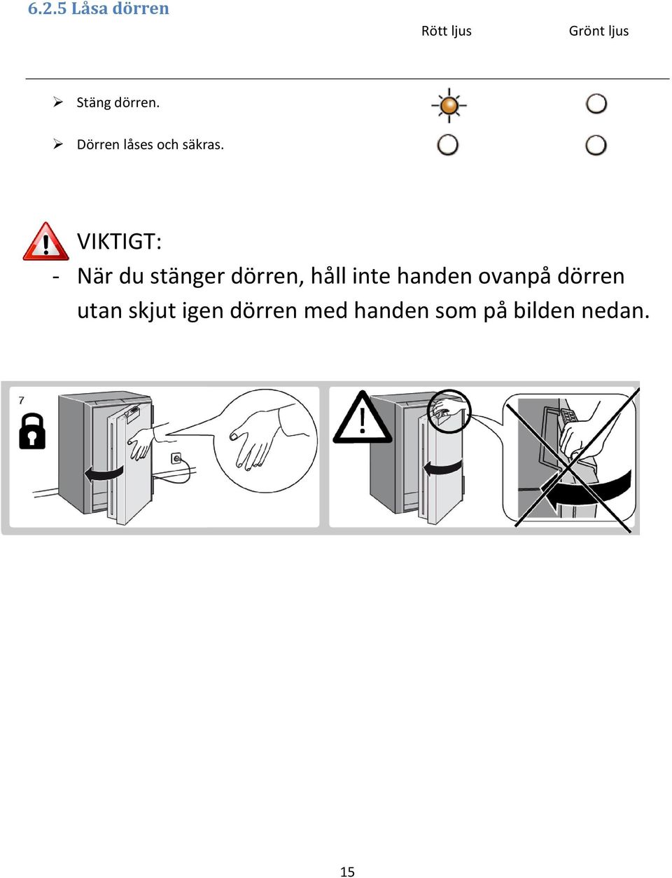 VIKTIGT: - När du stänger dörren, håll inte