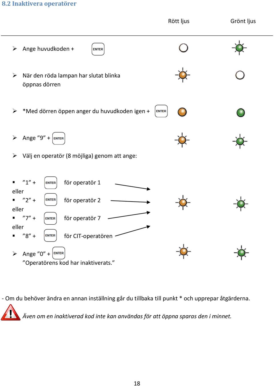 eller 7 + för operatör 7 eller 8 + för CIT-operatören Ange 0 + Operatörens kod har inaktiverats.