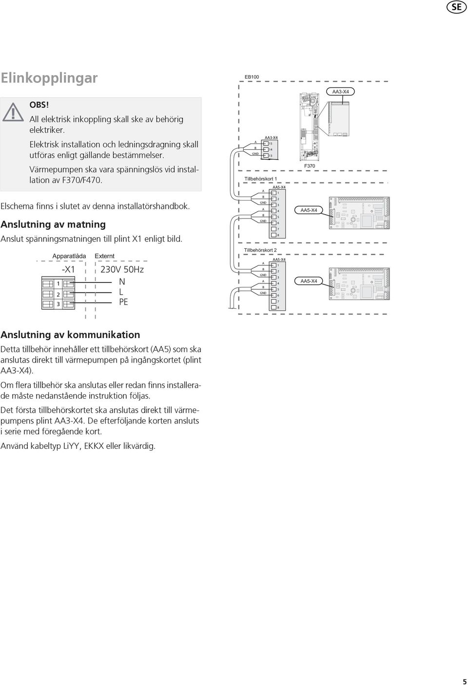 Elschema finns i slutet av denna installatörshandbok. Anslutning av matning Anslut spänningsmatningen till plint X enligt bild.