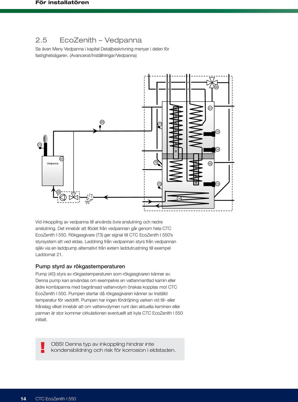 Det innebär att flödet från vedpannan går genom hela CTC EcoZenith I 550. Rökgasgivare (73) ger signal till CTC EcoZenith I 550 s styrsystem att ved eldas.