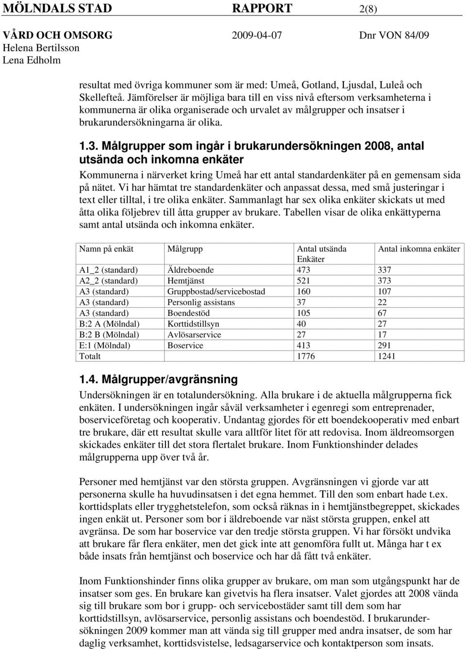 Målgrupper som ingår i brukarundersökningen 2008, antal utsända och inkomna enkäter Kommunerna i närverket kring Umeå har ett antal standardenkäter på en gemensam sida på nätet.