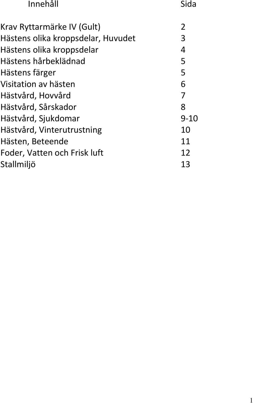 hästen 6 Hästvård, Hovvård 7 Hästvård, Sårskador 8 Hästvård, Sjukdomar 9 10