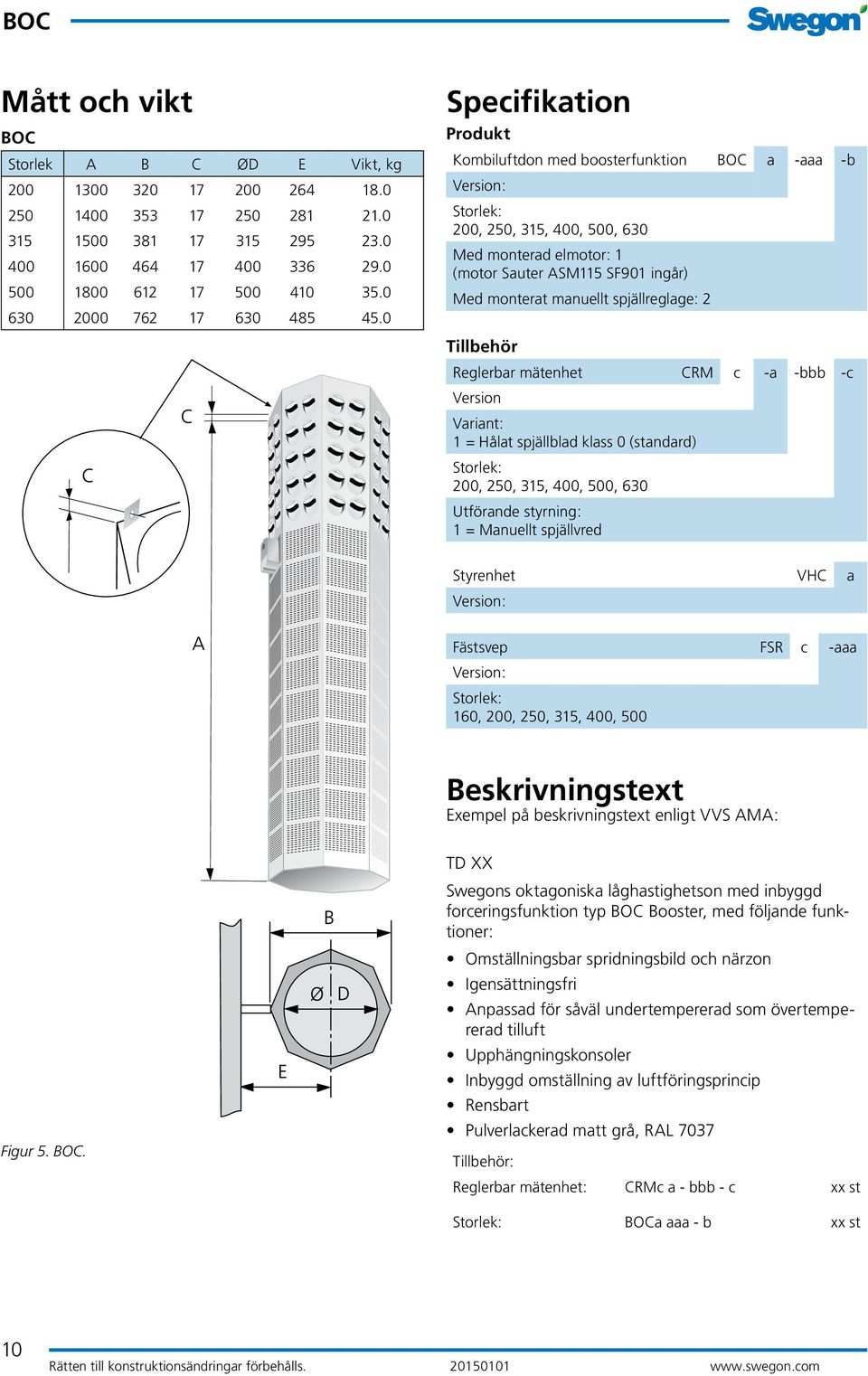 Tillbehör Reglerbar mätenhet CRM c -a -bbb -c Version Variant: 1 = Hålat spjällblad klass 0 (standard) Storlek: 0, 0, 1, 00, 00, 6 Utförande styrning: 1 = Manuellt spjällvred Styrenhet VHC a Version: