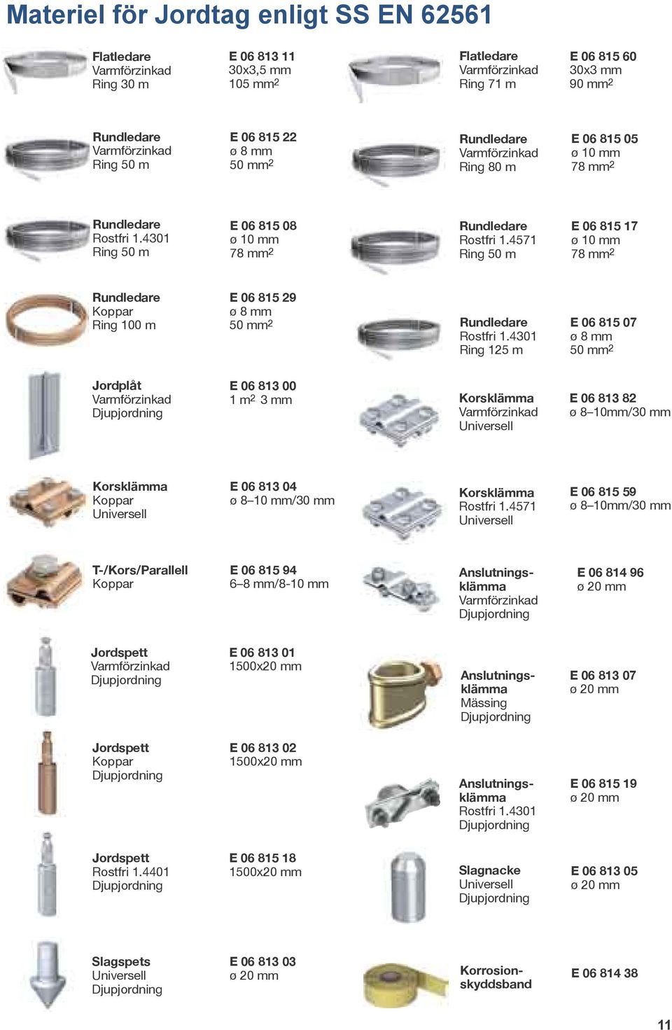 4301 Ring 125 m E 06 815 07 ø 8 mm 50 mm 2 Jordplåt E 06 813 00 1 m 2 3 mm Korsklämma Universell E 06 813 82 ø 8 10mm/30 mm Korsklämma Koppar Universell E 06 813 04 ø 8 10 mm/30 mm Korsklämma