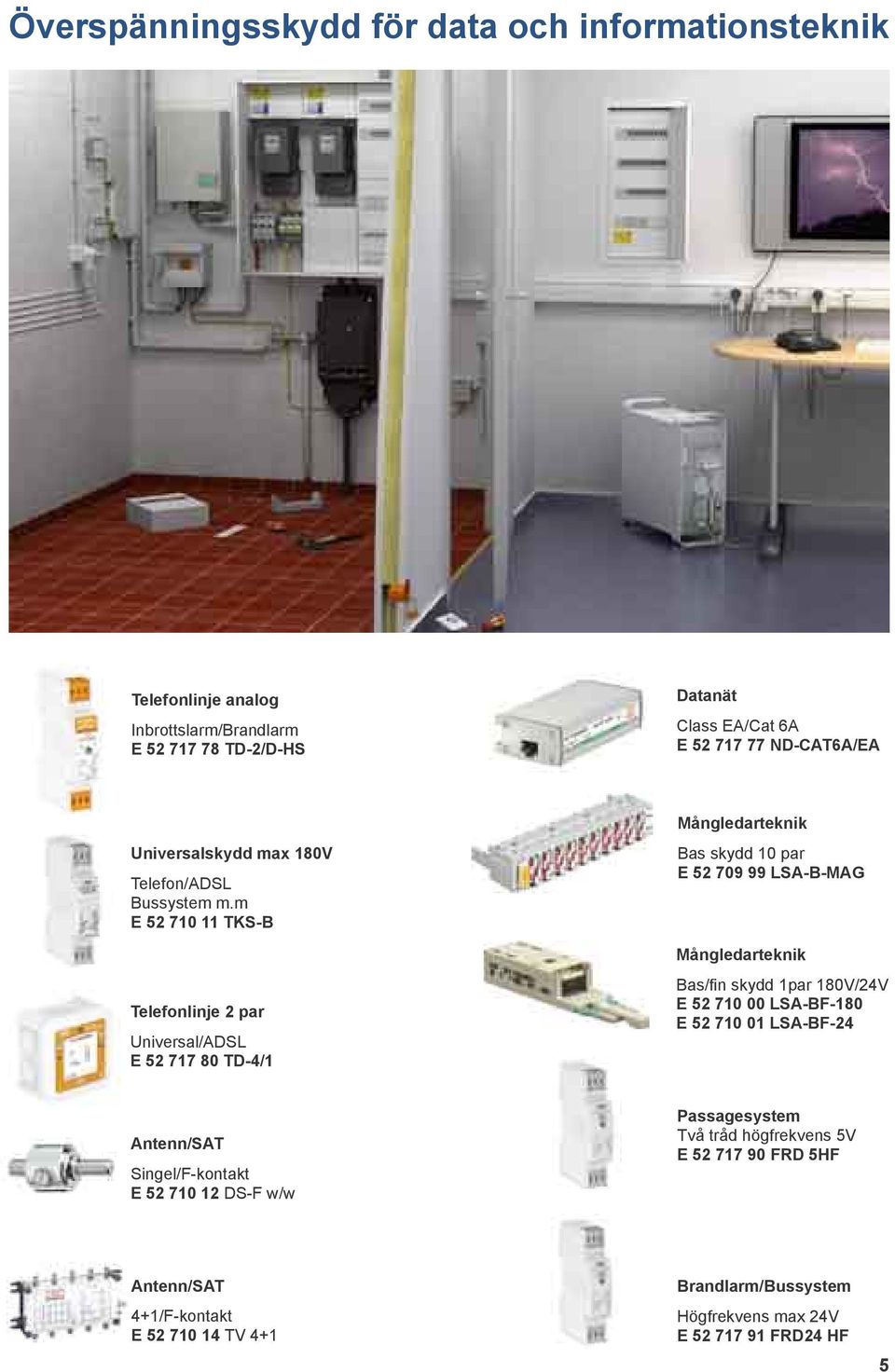 m E 52 710 11 TKS-B Telefonlinje 2 par Universal/ADSL E 52 717 80 TD-4/1 Mångledarteknik Bas skydd 10 par E 52 709 99 LSA-B-MAG Mångledarteknik Bas/fin skydd