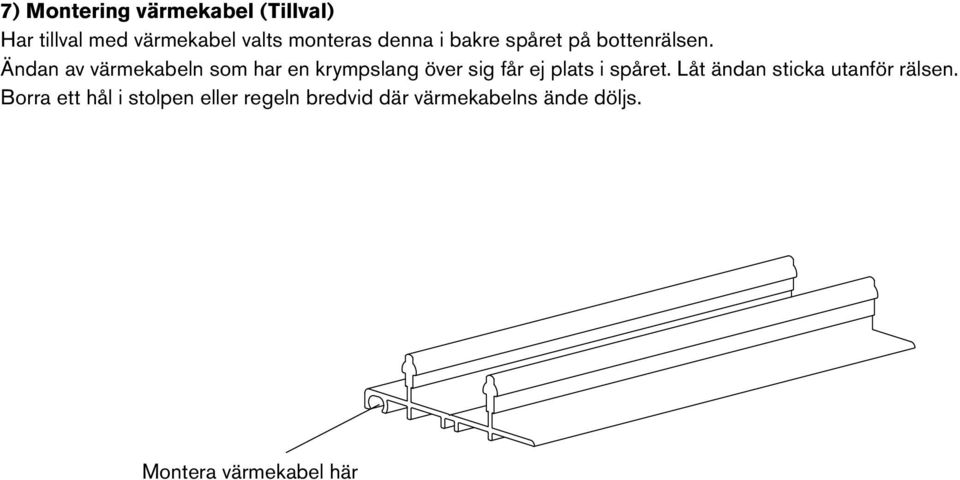 Ändan av värmekabeln som har en krympslang över sig får ej plats i spåret.