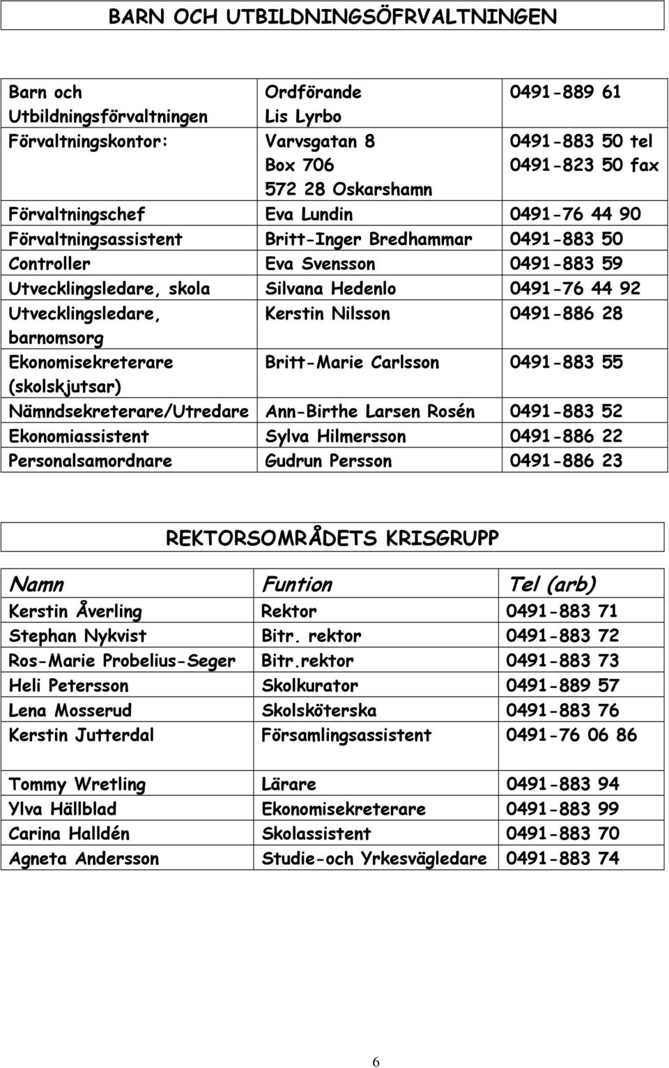 Utvecklingsledare, Kerstin Nilsson 0491-886 28 barnomsorg Ekonomisekreterare Britt-Marie Carlsson 0491-883 55 (skolskjutsar) Nämndsekreterare/Utredare Ann-Birthe Larsen Rosén 0491-883 52